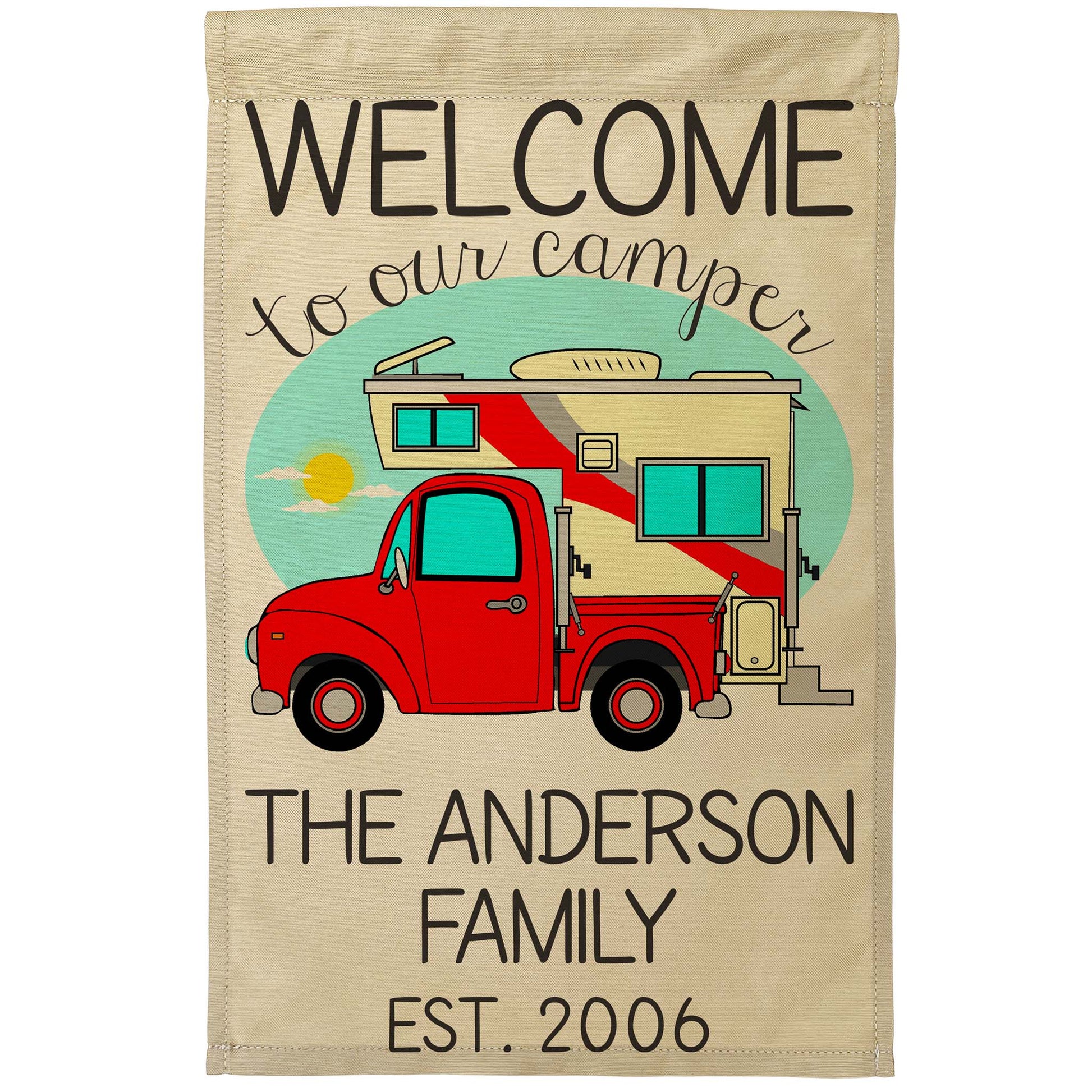 Welcome to Our Camper Personalized Campsite Flag with Truck and Camper, Tan Fabric