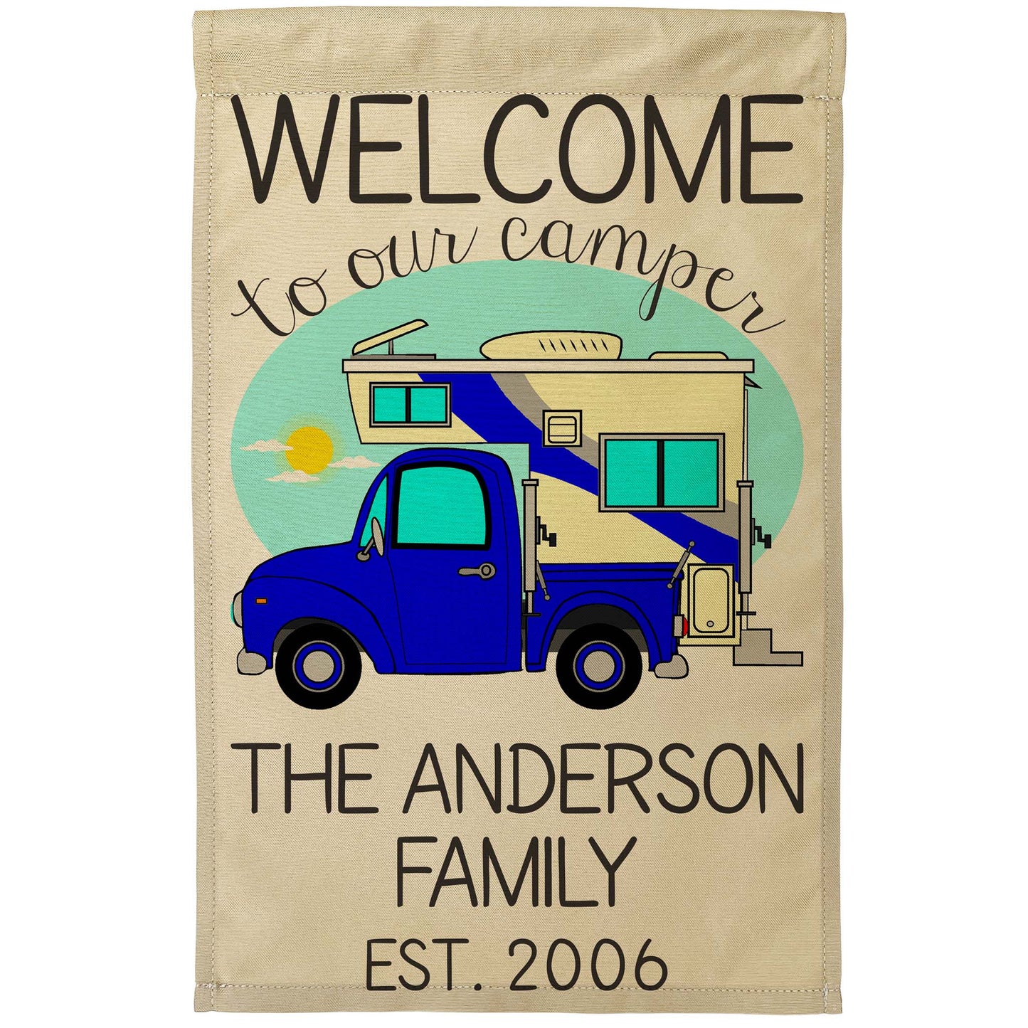 Welcome to Our Camper Personalized Campsite Flag with Truck and Camper, Tan Fabric