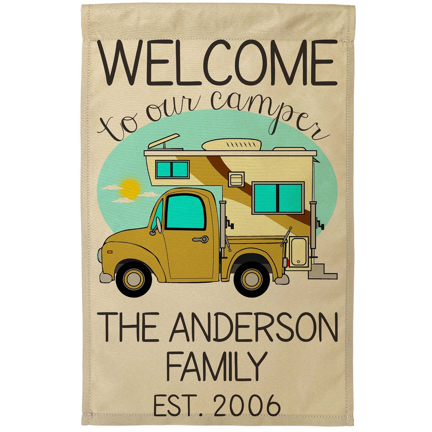 Welcome to Our Camper Personalized Campsite Flag with Truck and Camper, Tan Fabric