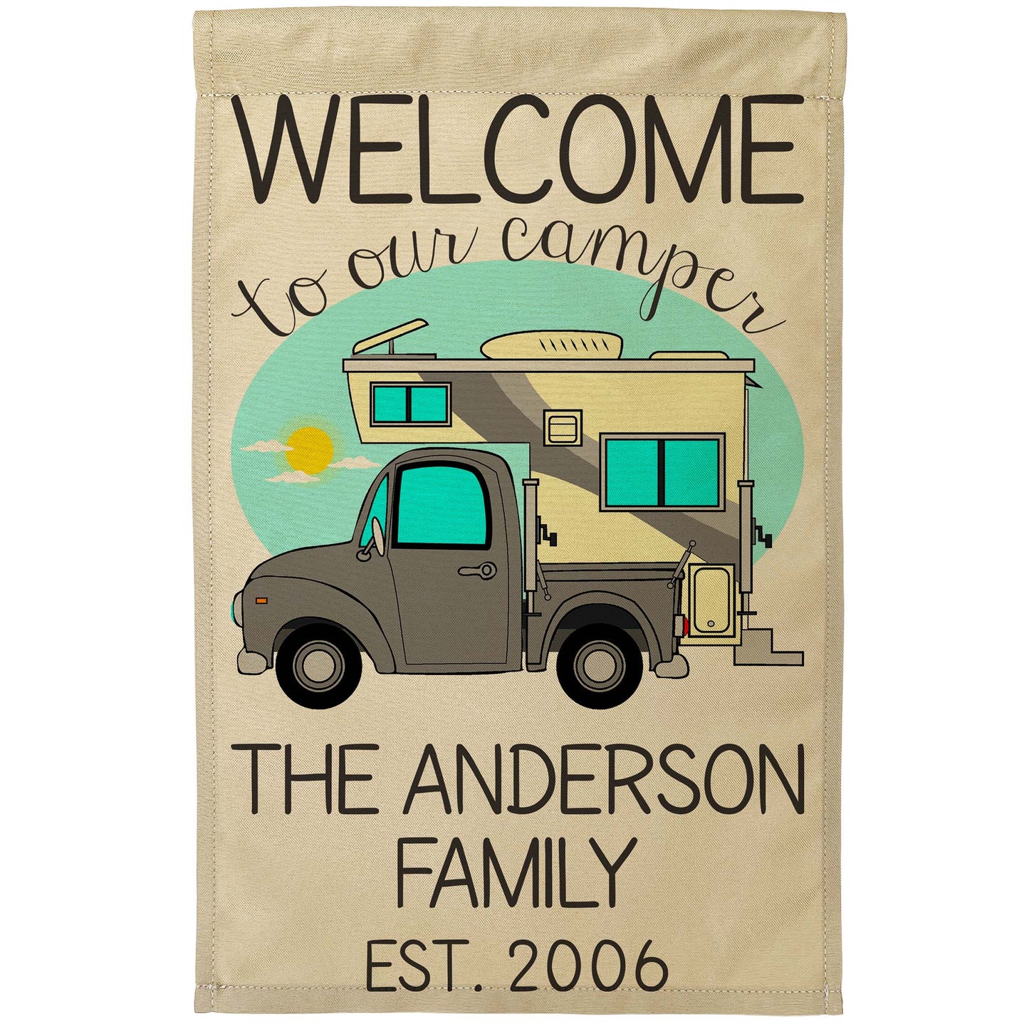 Welcome to Our Camper Personalized Campsite Flag with Truck and Camper, Tan Fabric