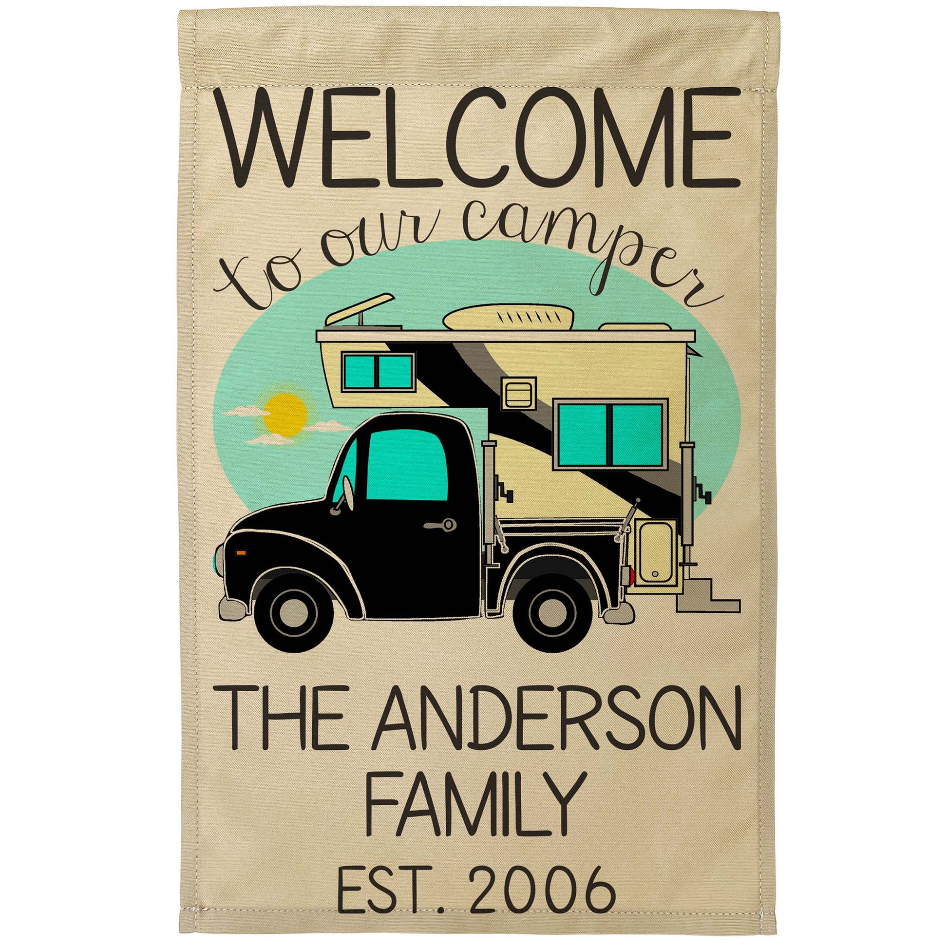 Welcome to Our Camper Personalized Campsite Flag with Truck and Camper, Tan Fabric
