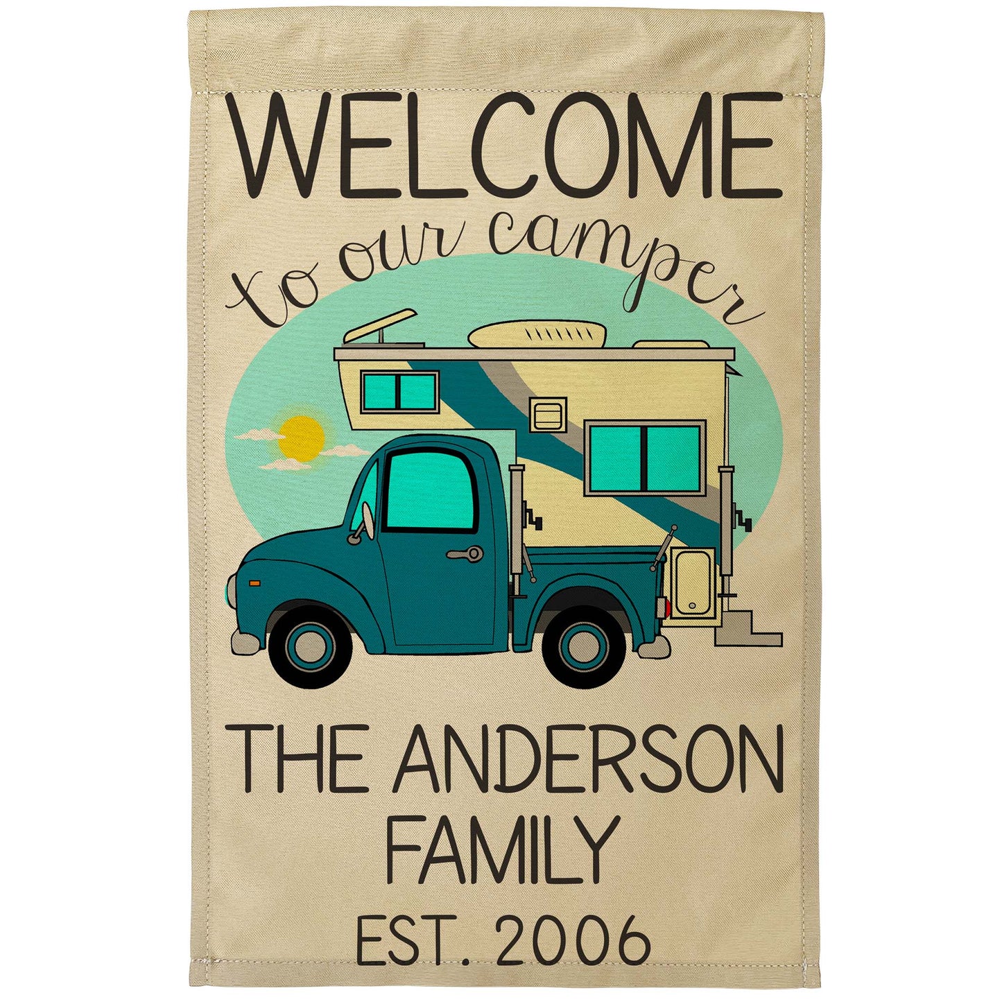 Welcome to Our Camper Personalized Campsite Flag with Truck and Camper, Tan Fabric