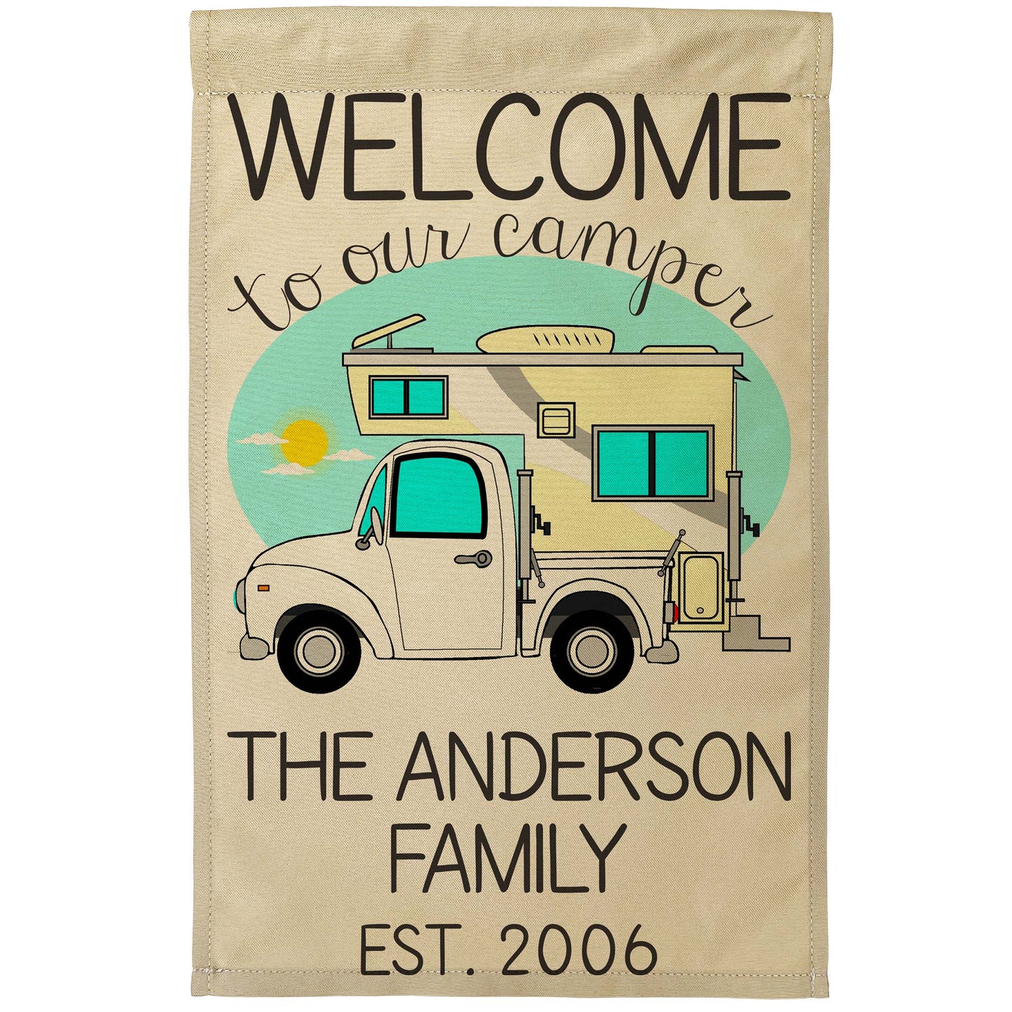 Welcome to Our Camper Personalized Campsite Flag with Truck and Camper, Tan Fabric