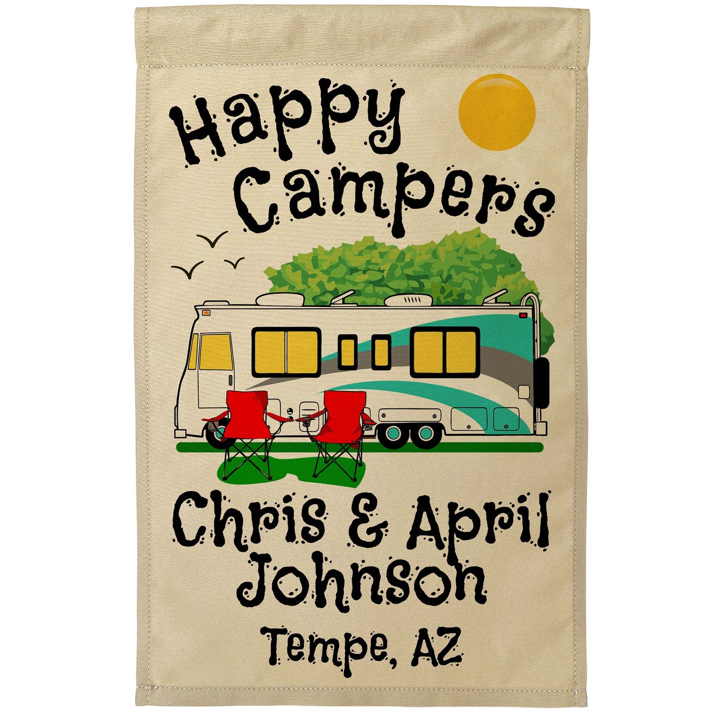 Happy Campers Personalized Camping Flag With Class A Motorhome