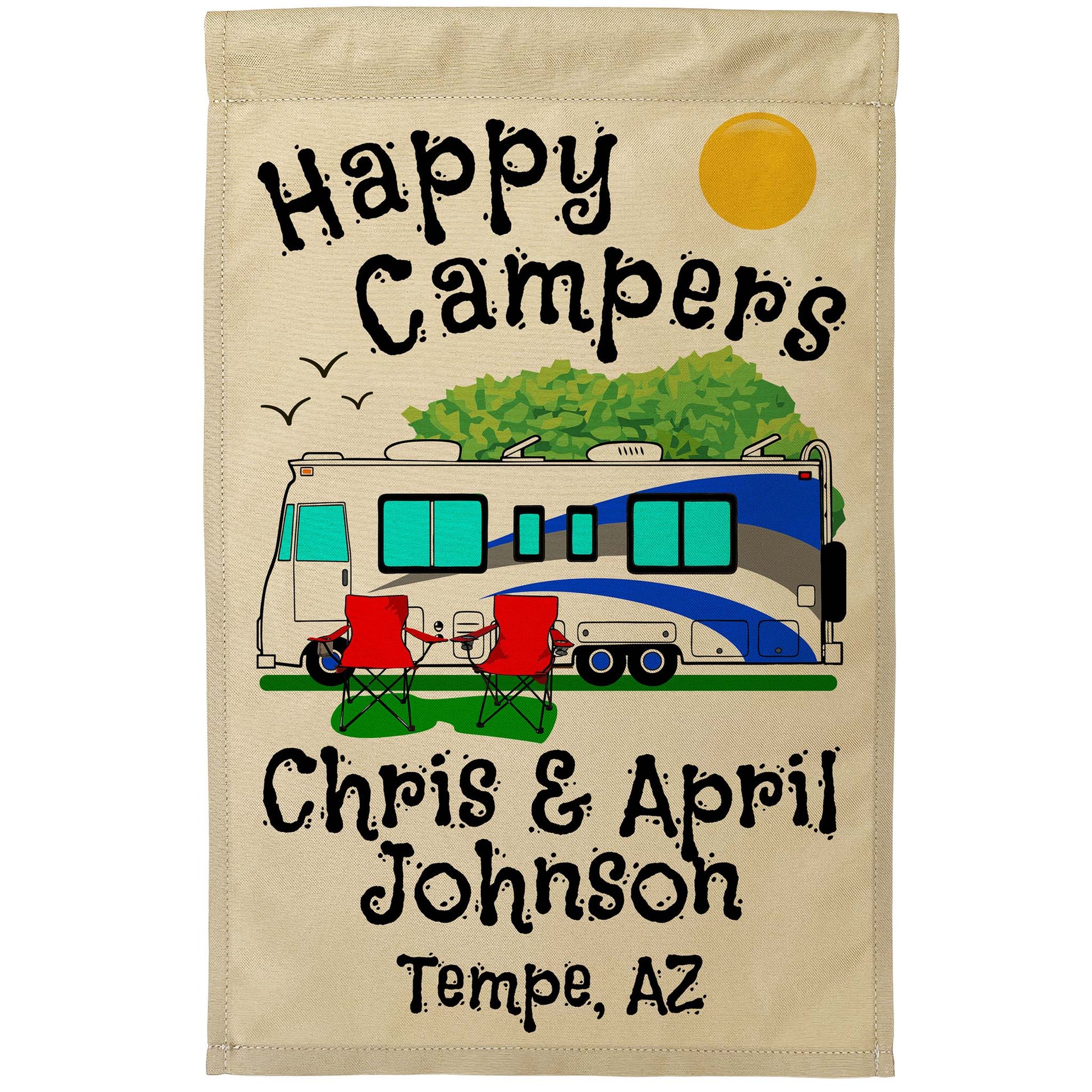 Happy Campers Personalized Camping Flag With Class A Motorhome