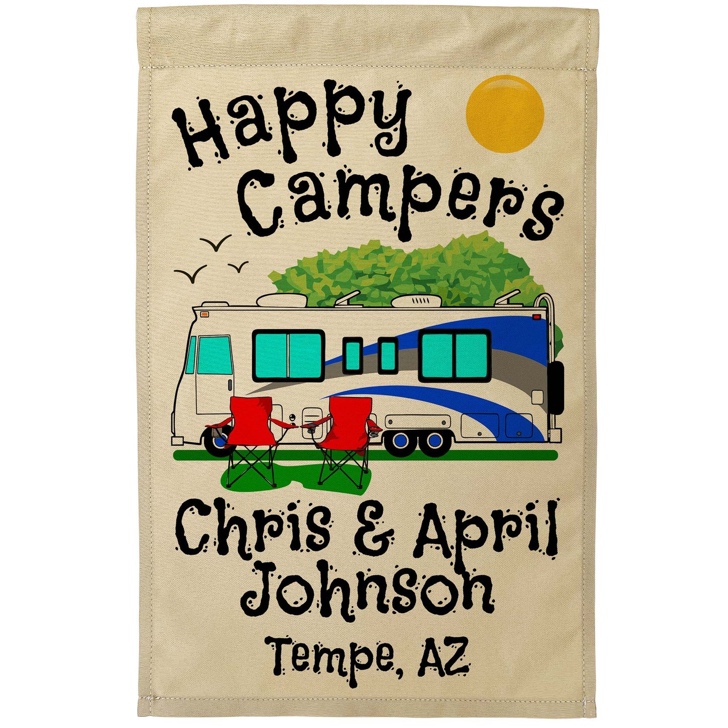 Happy Campers Personalized Camping Flag With Class A Motorhome