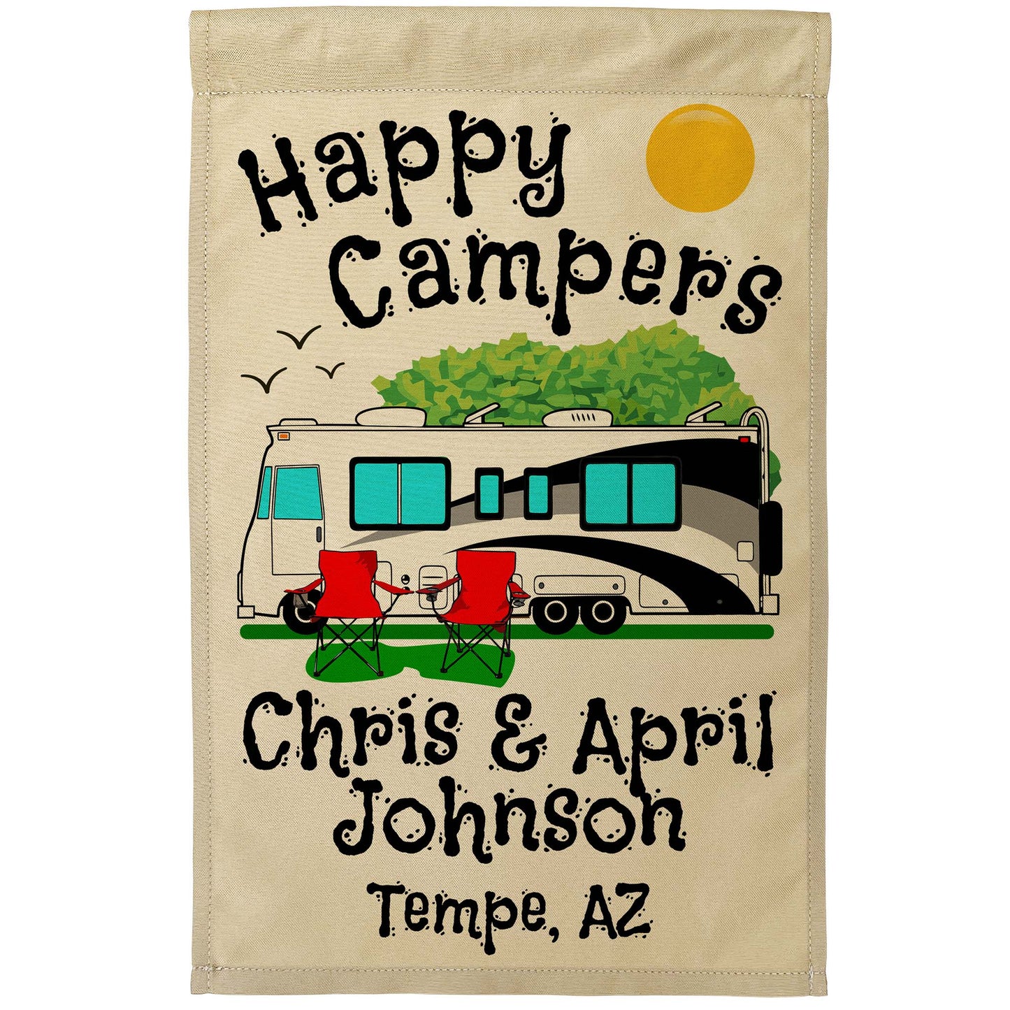 Happy Campers Personalized Camping Flag With Class A Motorhome