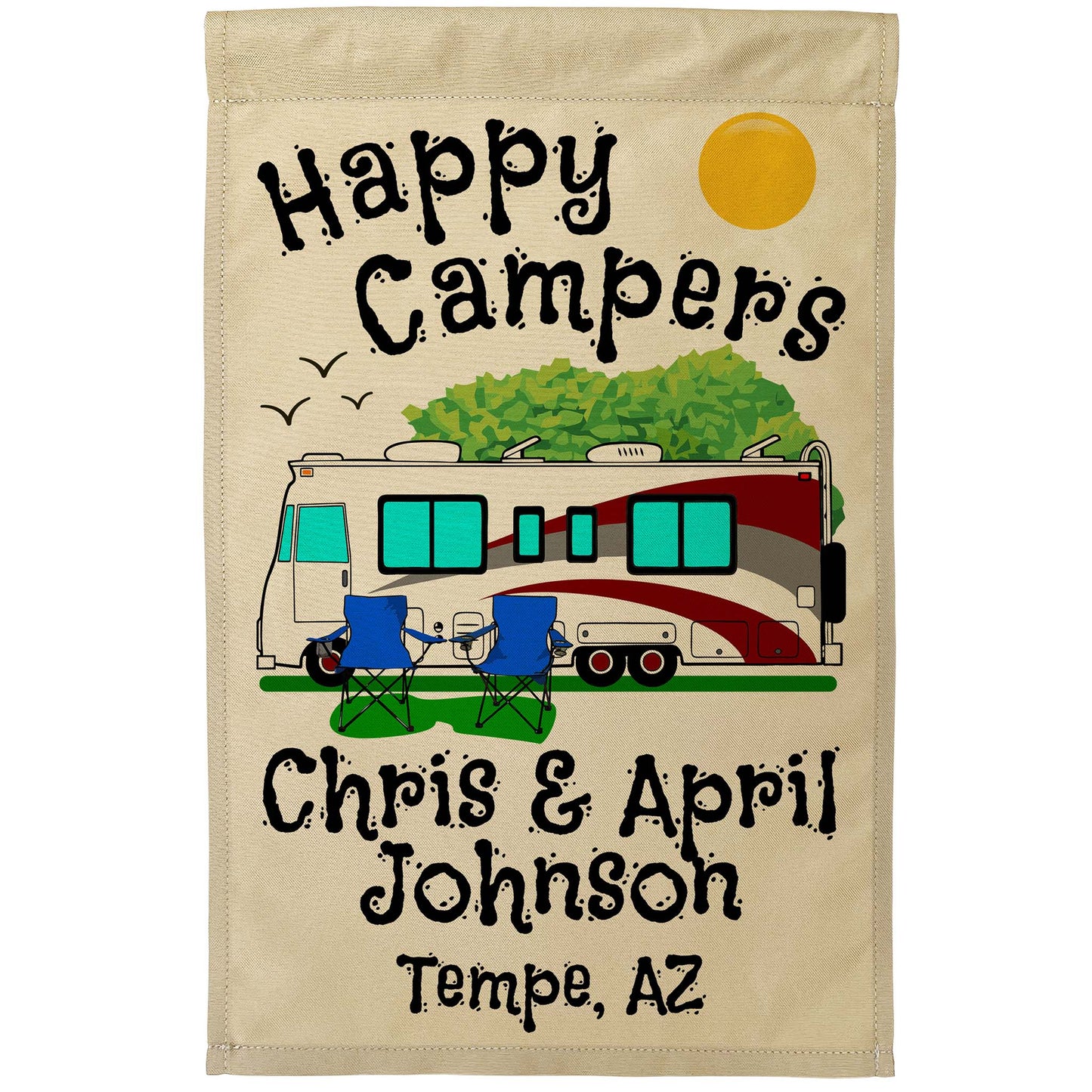 Happy Campers Personalized Camping Flag With Class A Motorhome