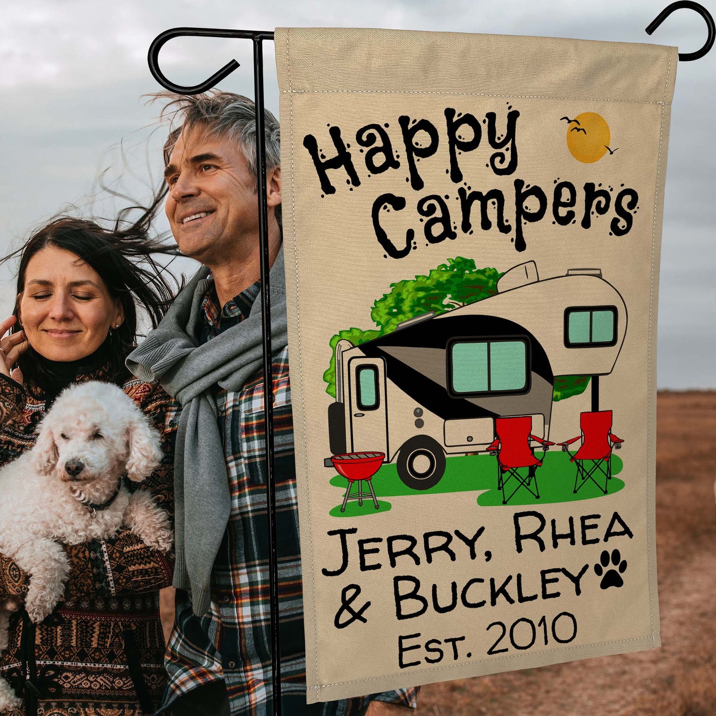Happy Campers Personalized Camping Flag With 5th Wheel Trailer