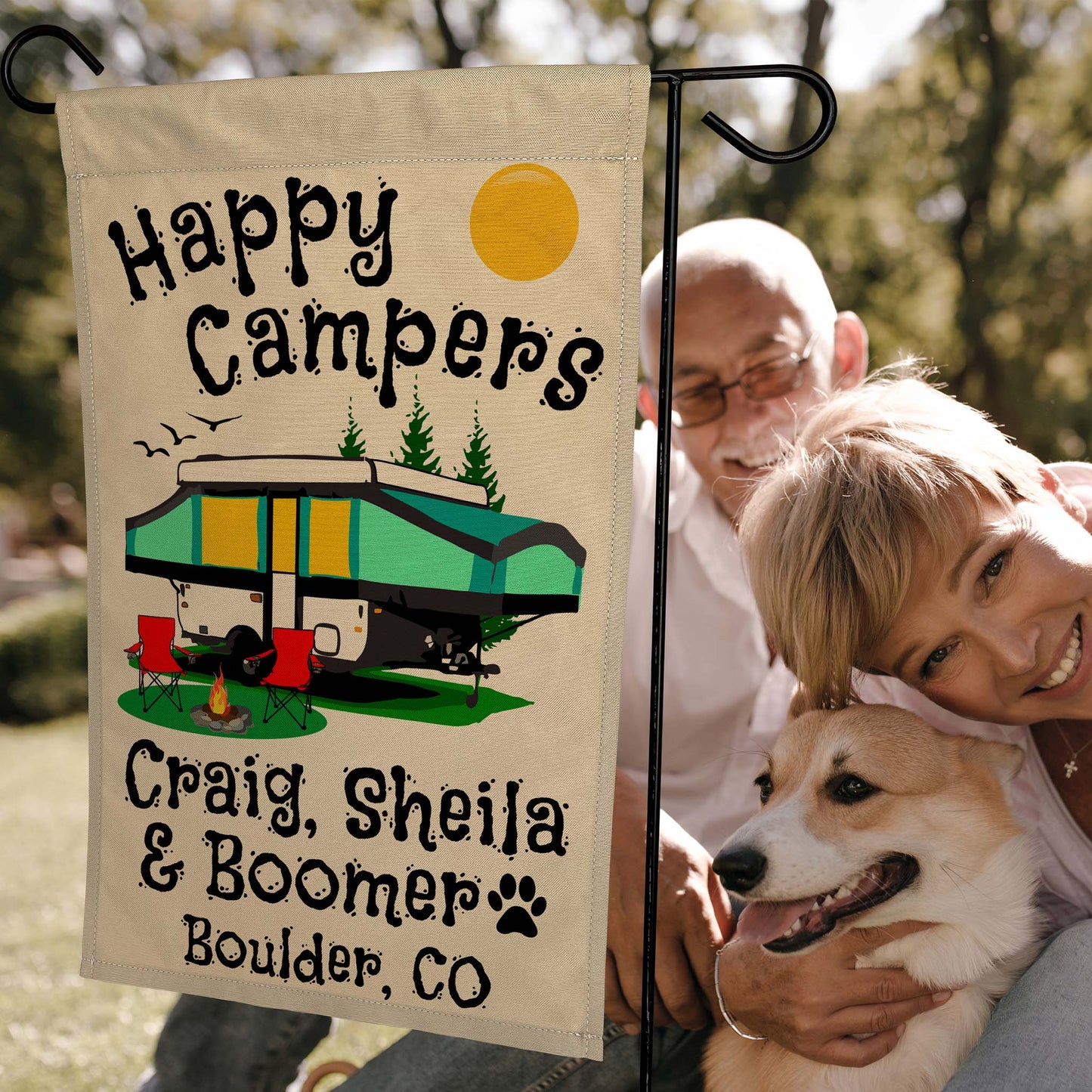Happy Campers Personalized Camping Flag With Pop Up Camper on Tan Fabric