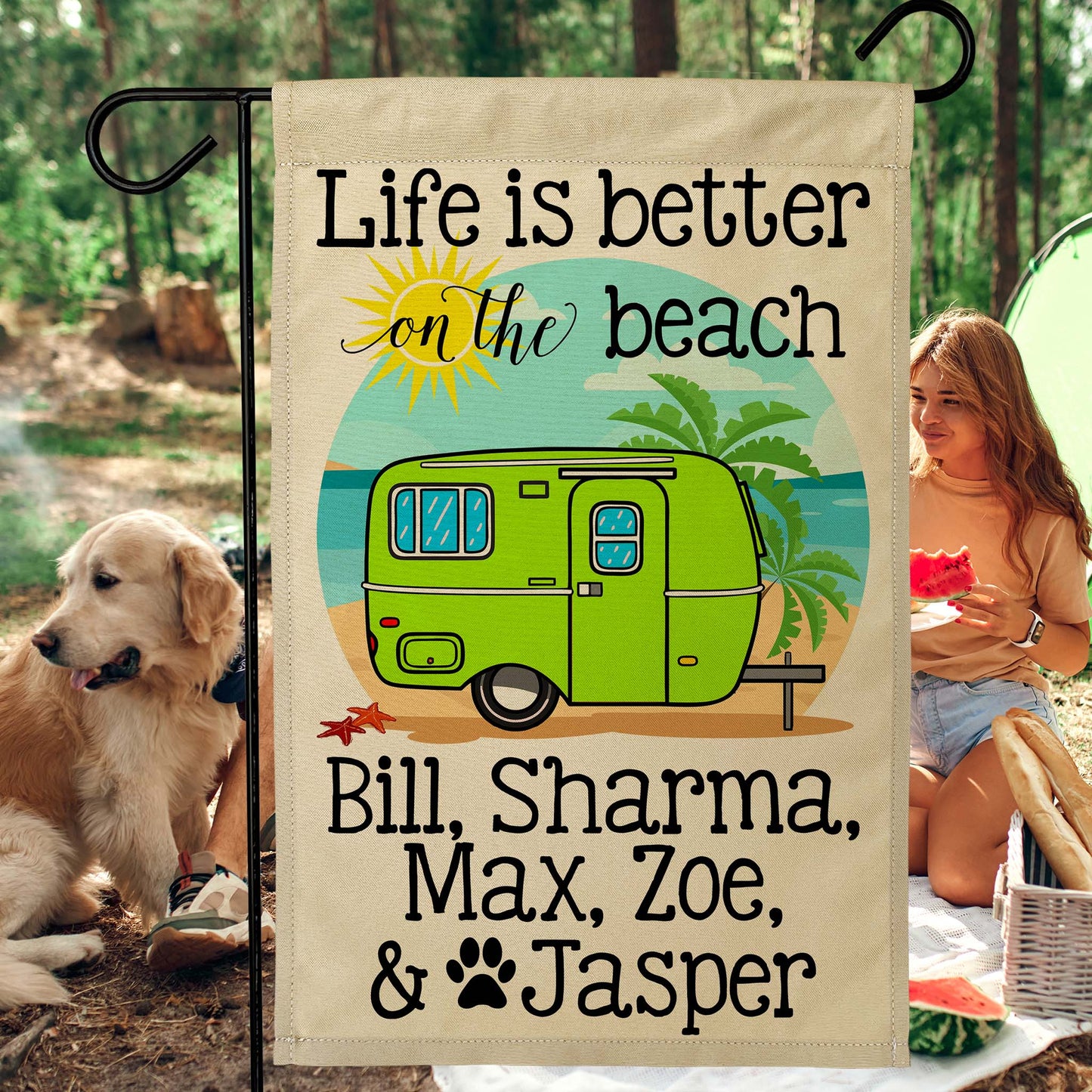 Life is Better on The Beach Personalized Camping Flag with Vintage Travel Trailer