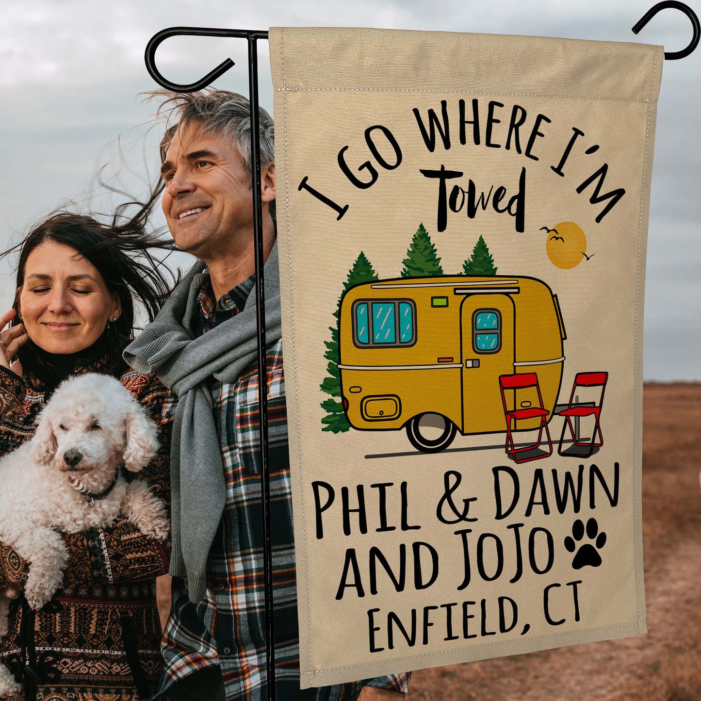 I Go Where I'm Towed Personalized Camping Flag with Vintage Travel Trailer