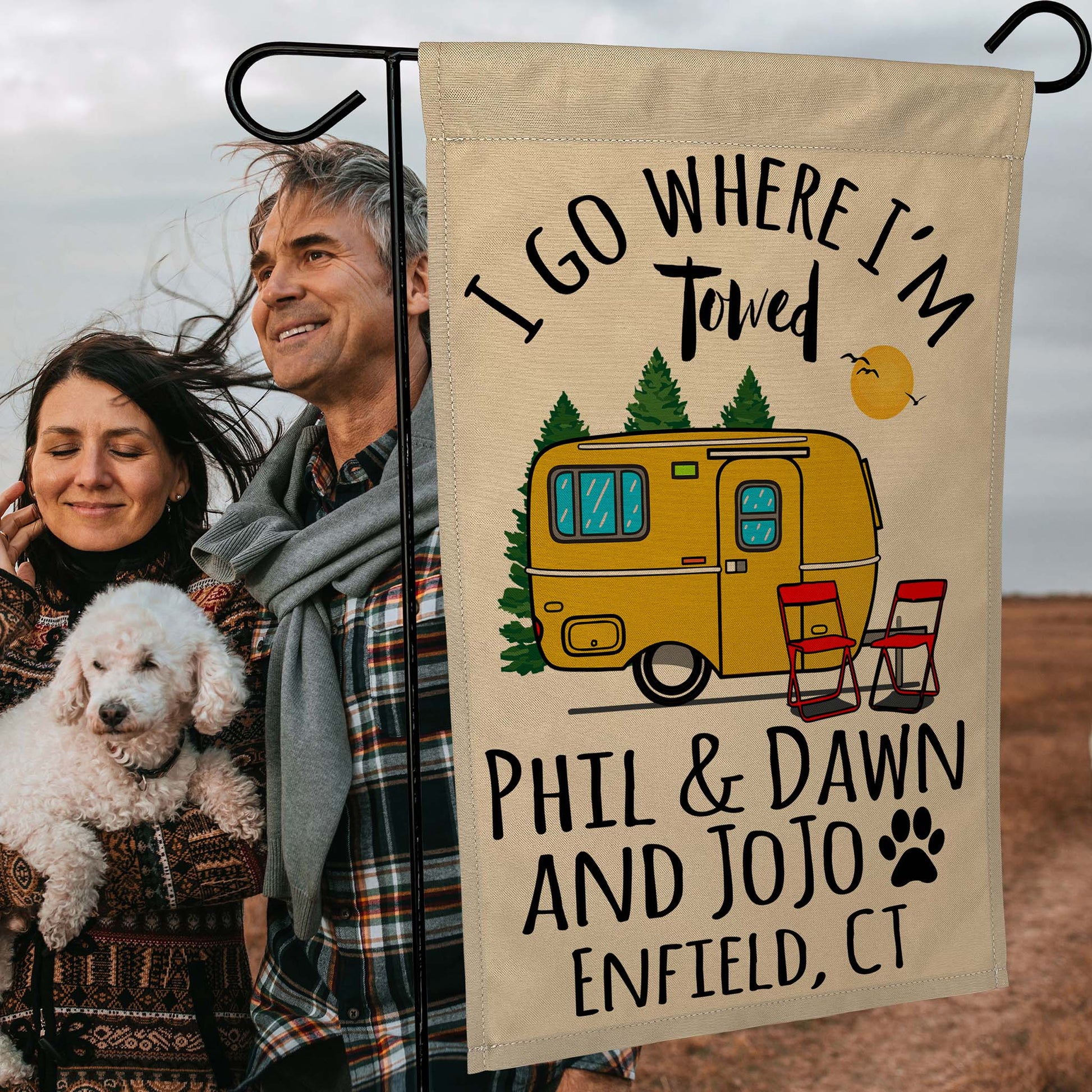 I Go Where I'm Towed Personalized Camping Flag with Vintage Travel Trailer
