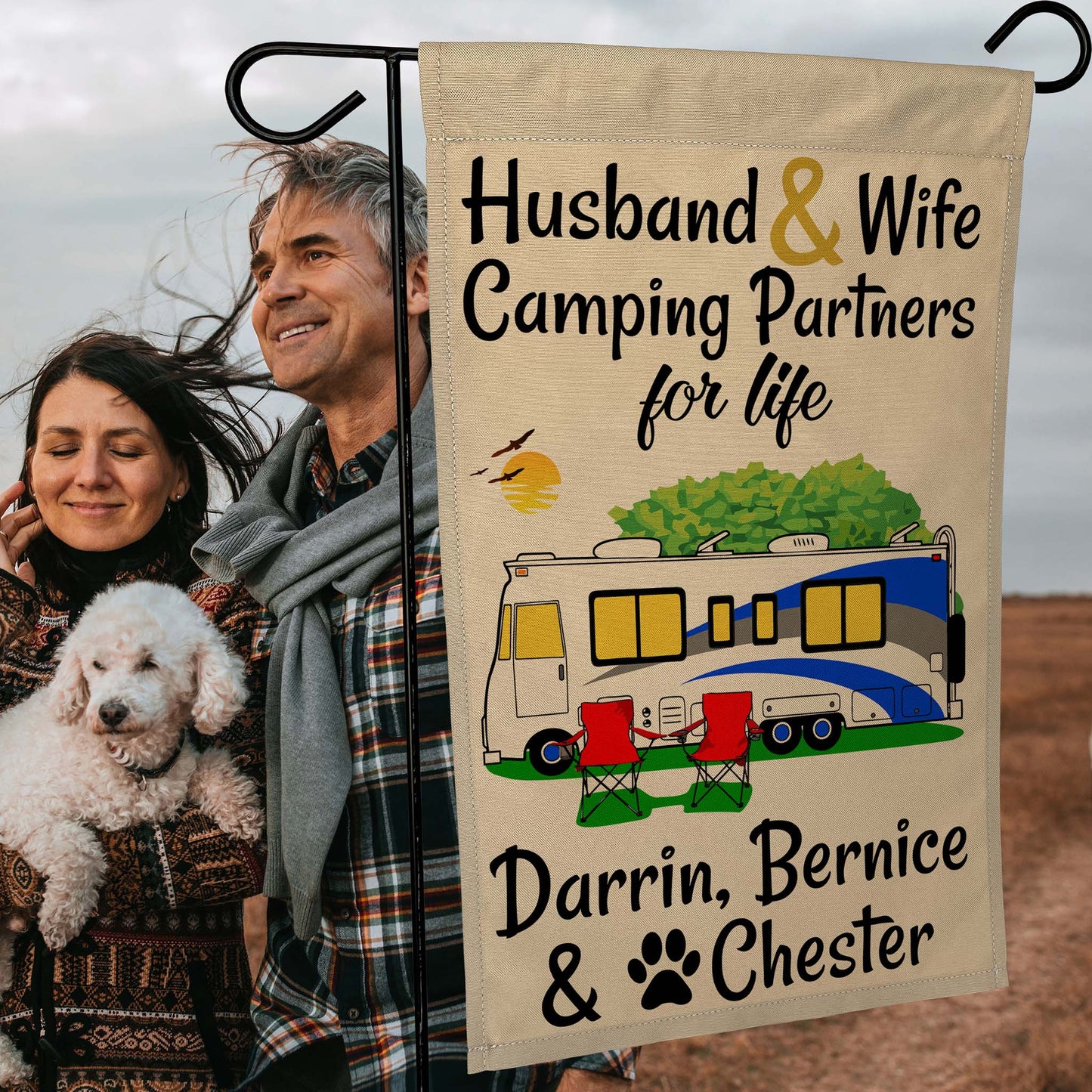 Husband & Wife Camping Partners for Life Personalized Camping Flag with Class A Motorhome