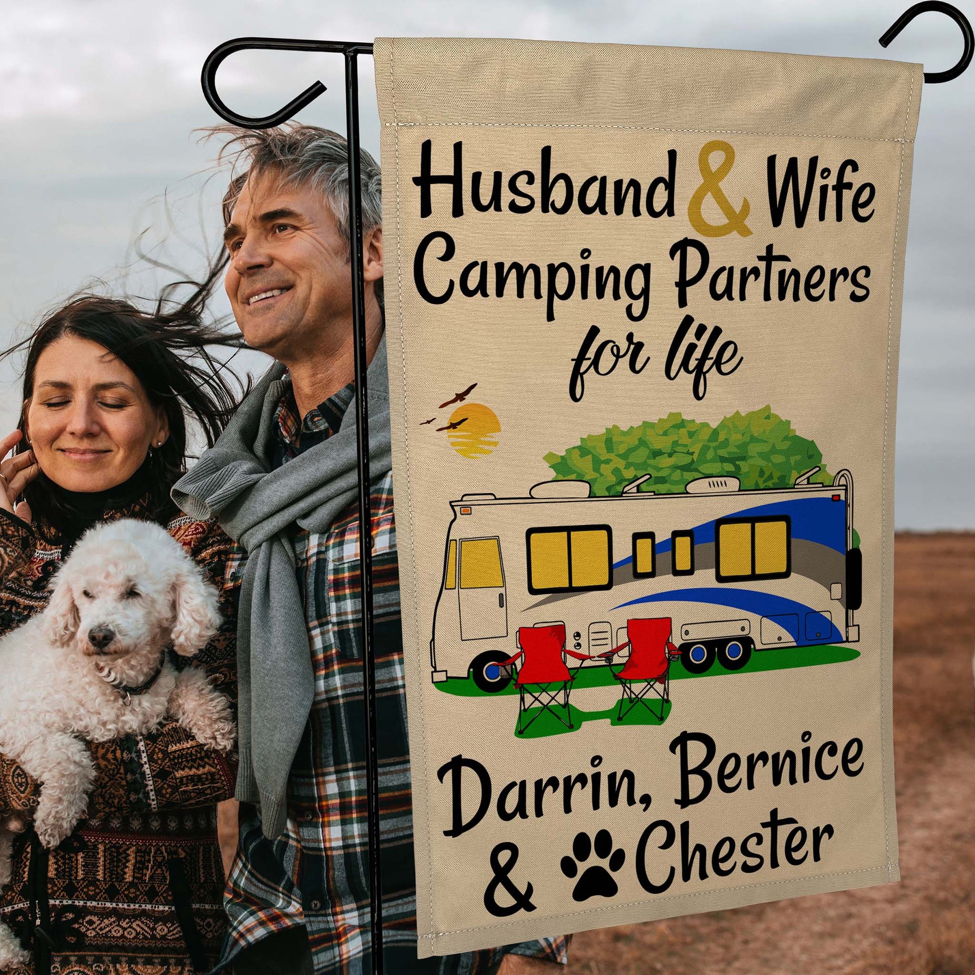 Husband & Wife Camping Partners for Life Personalized Camping Flag with Class A Motorhome