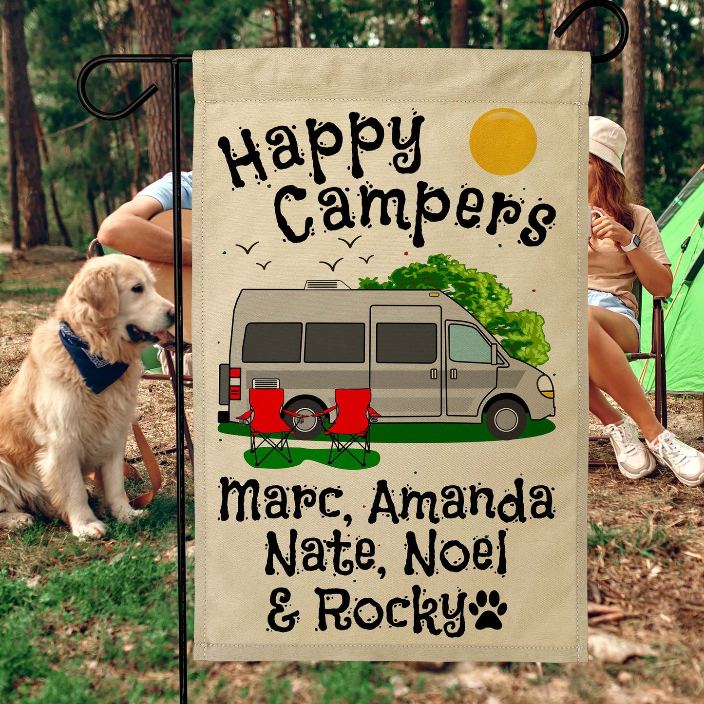 Happy Campers Personalized Camping Flag with Class B Camper Van Motorhome on Tan Fabric