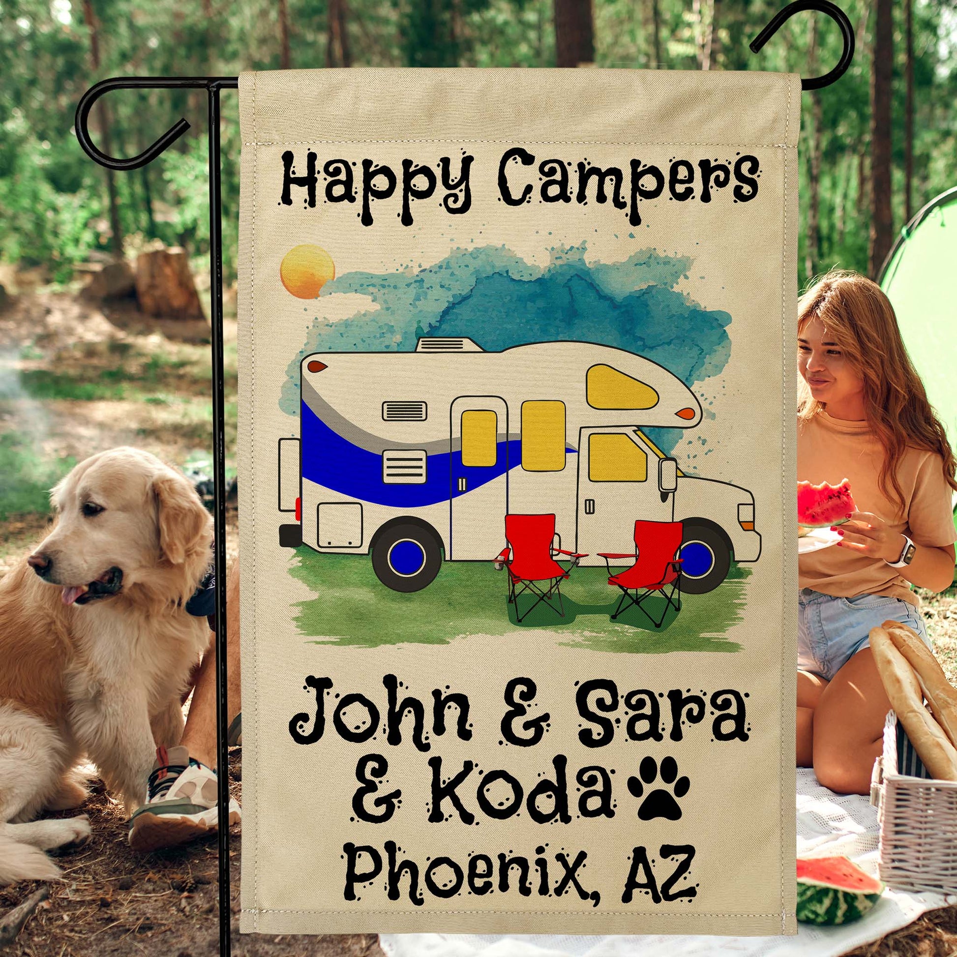 Happy Campers Personalized Water Color Camping Flag with Class C Motorhome