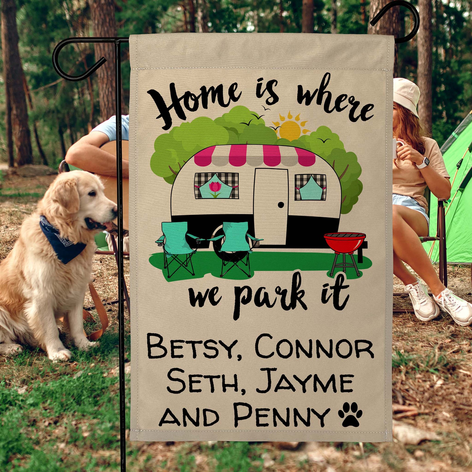 Home is Where We Park It Personalized Camping Flag with Vintage Camper