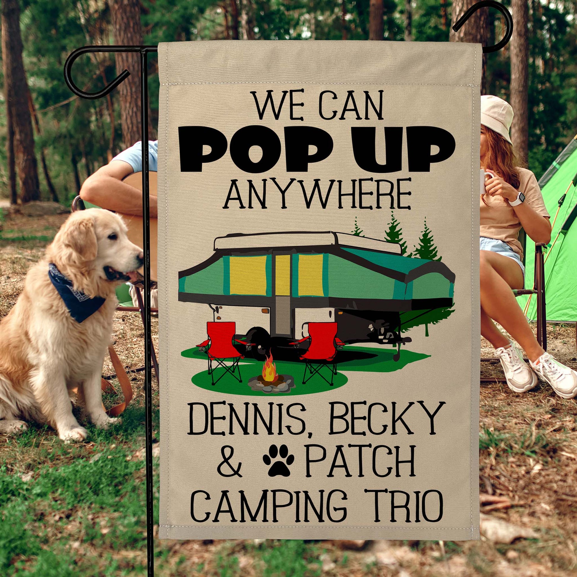 We Can Pop Up Anywhere Personalized Campsite Flag with Pop up Camper or A-Frame on Tan Fabric