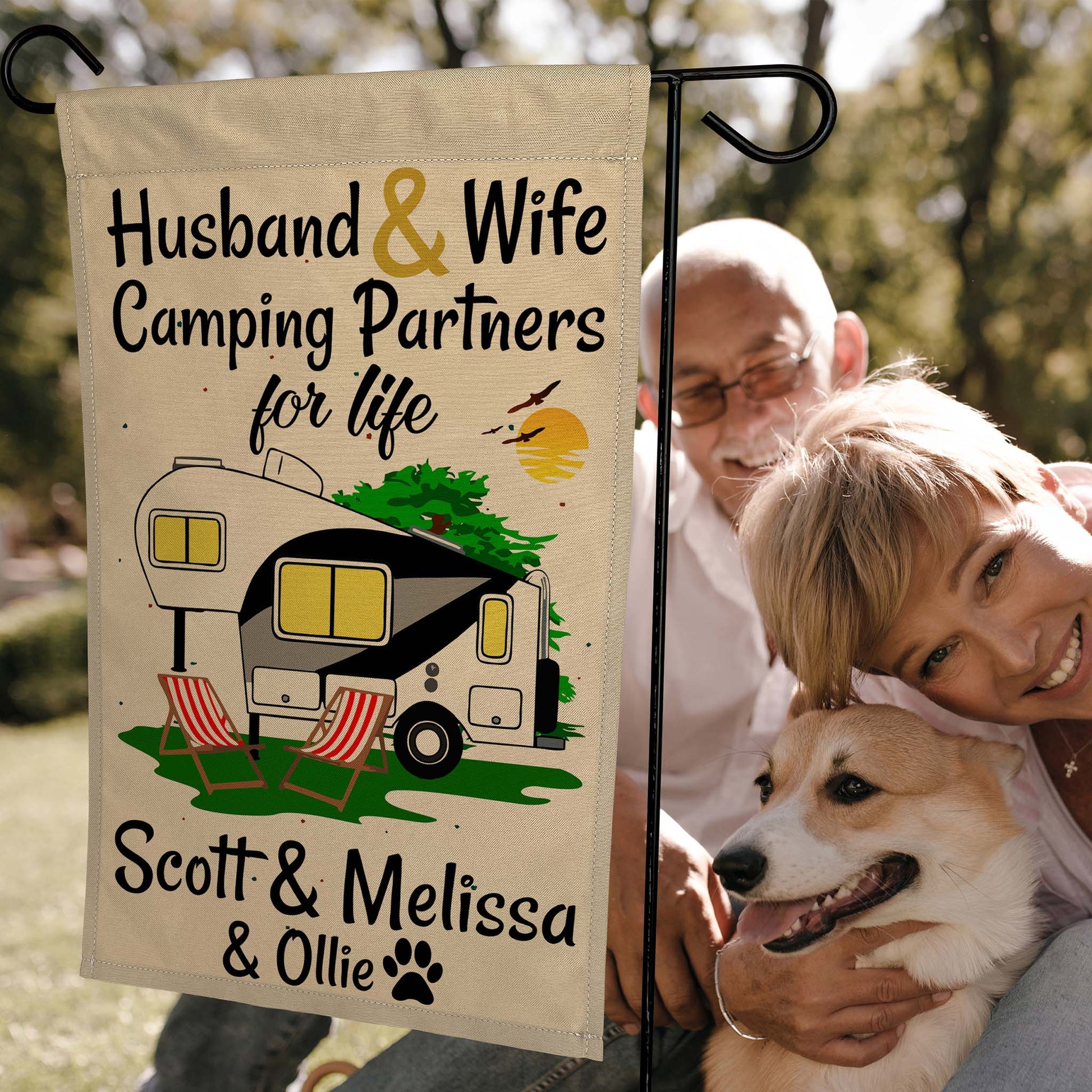 Husband & Wife Camping Partners for Life Personalized Camping Flag with 5th Wheel