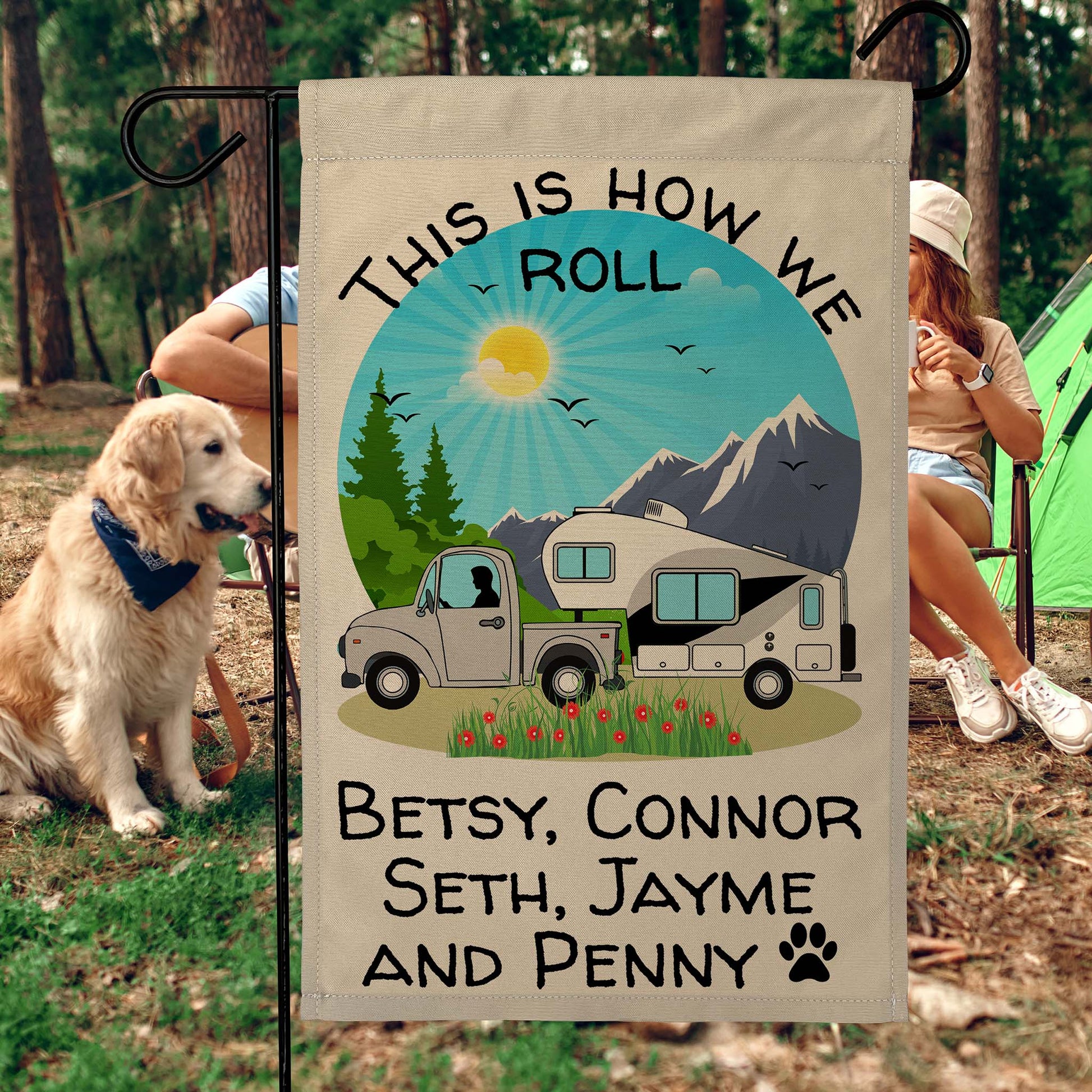 This is How We Roll Personalized Truck and 5th Wheel Camping Flag on Tan Fabric