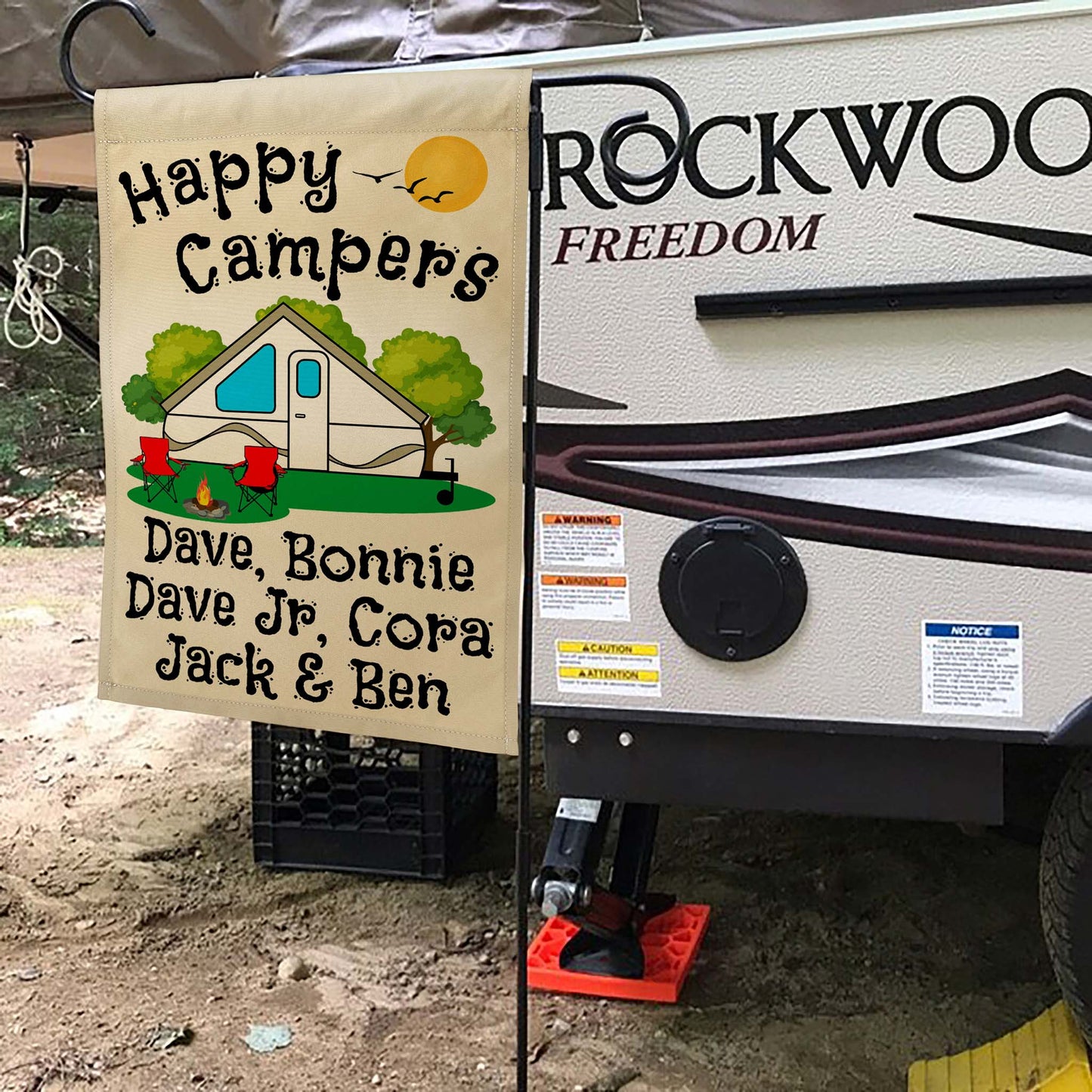 Happy Campers Personalized Camping Flag With Pop Up Camper on Tan Fabric