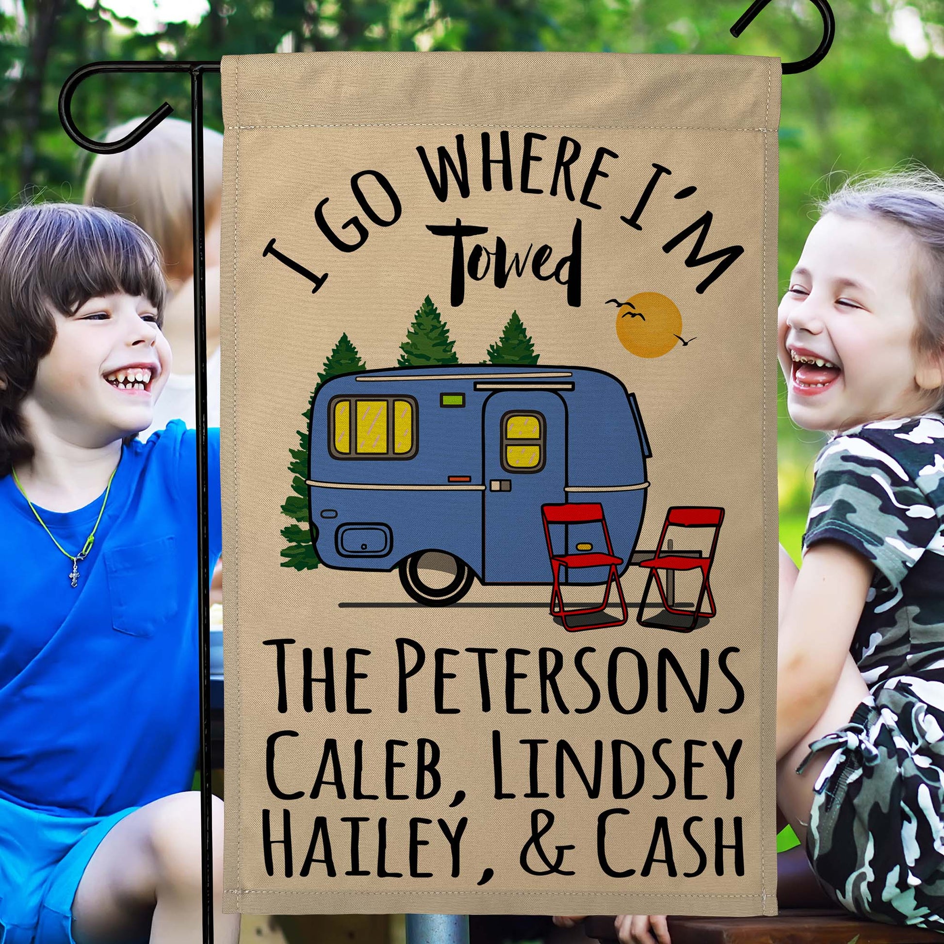 I Go Where I'm Towed Personalized Camping Flag with Vintage Travel Trailer