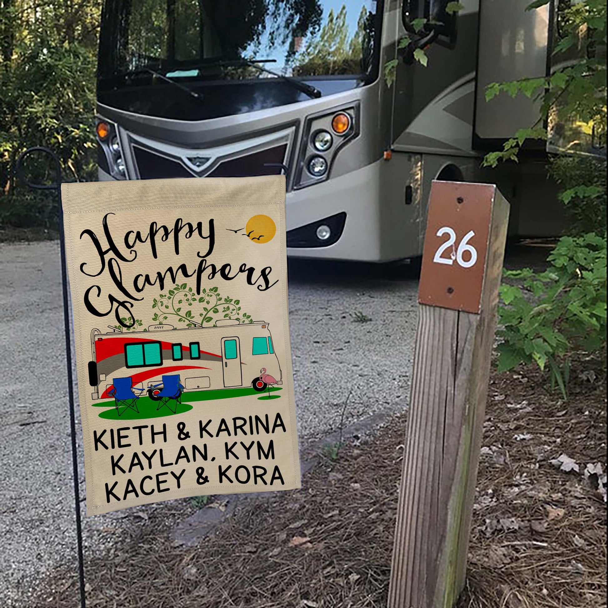 Happy Glampers Personalized Camping Flag with Class A Motorhome