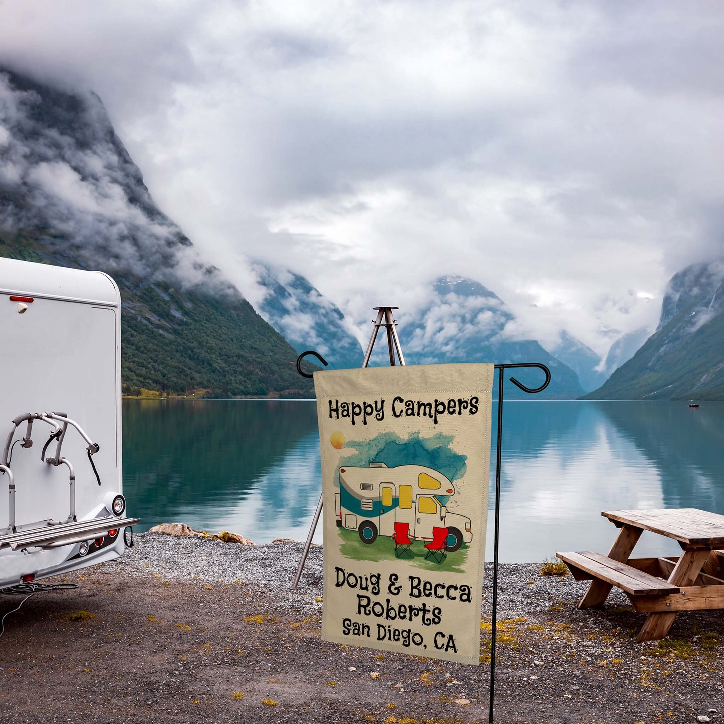 Happy Campers Personalized Water Color Camping Flag with Class C Motorhome
