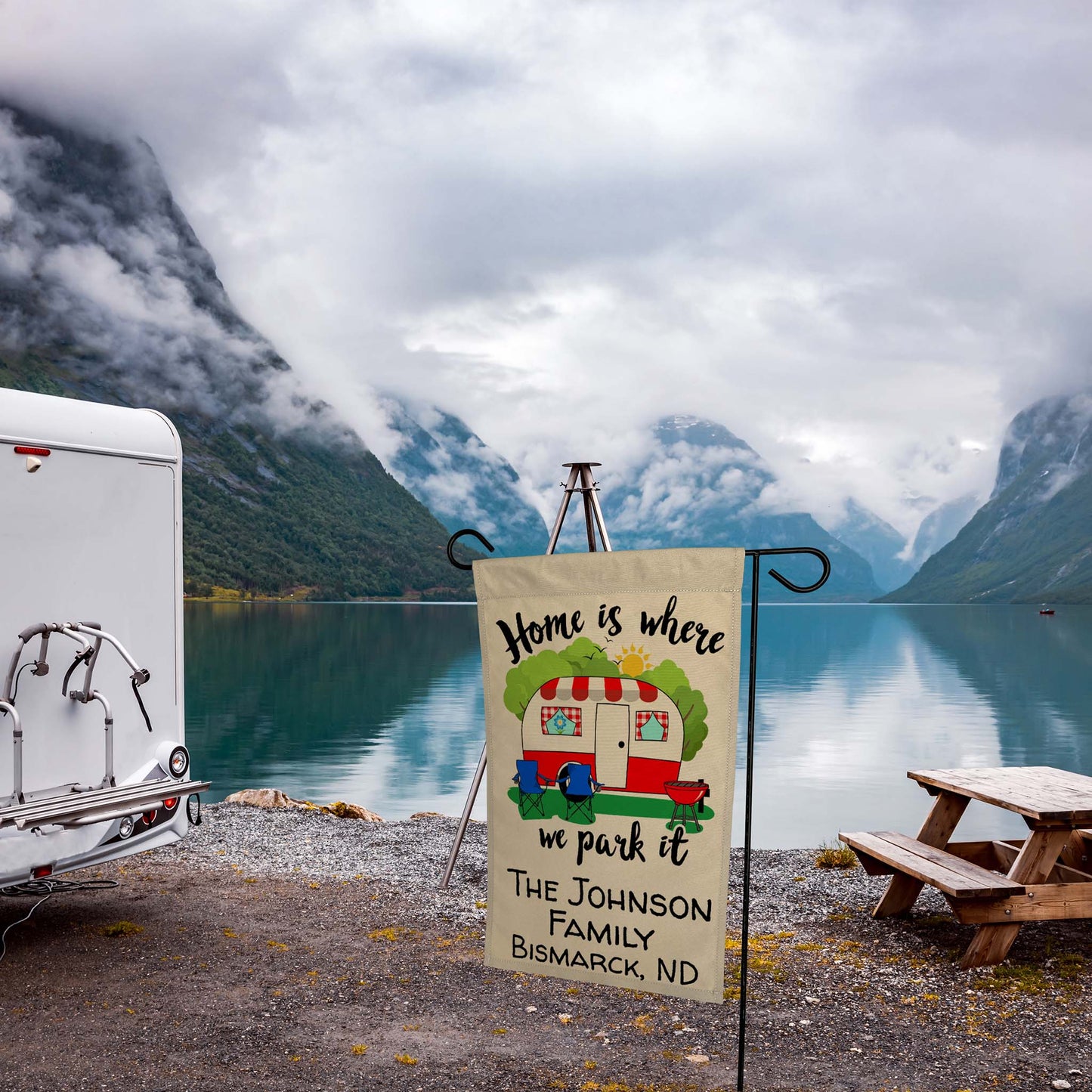 Home is Where We Park It Personalized Camping Flag with Vintage Camper