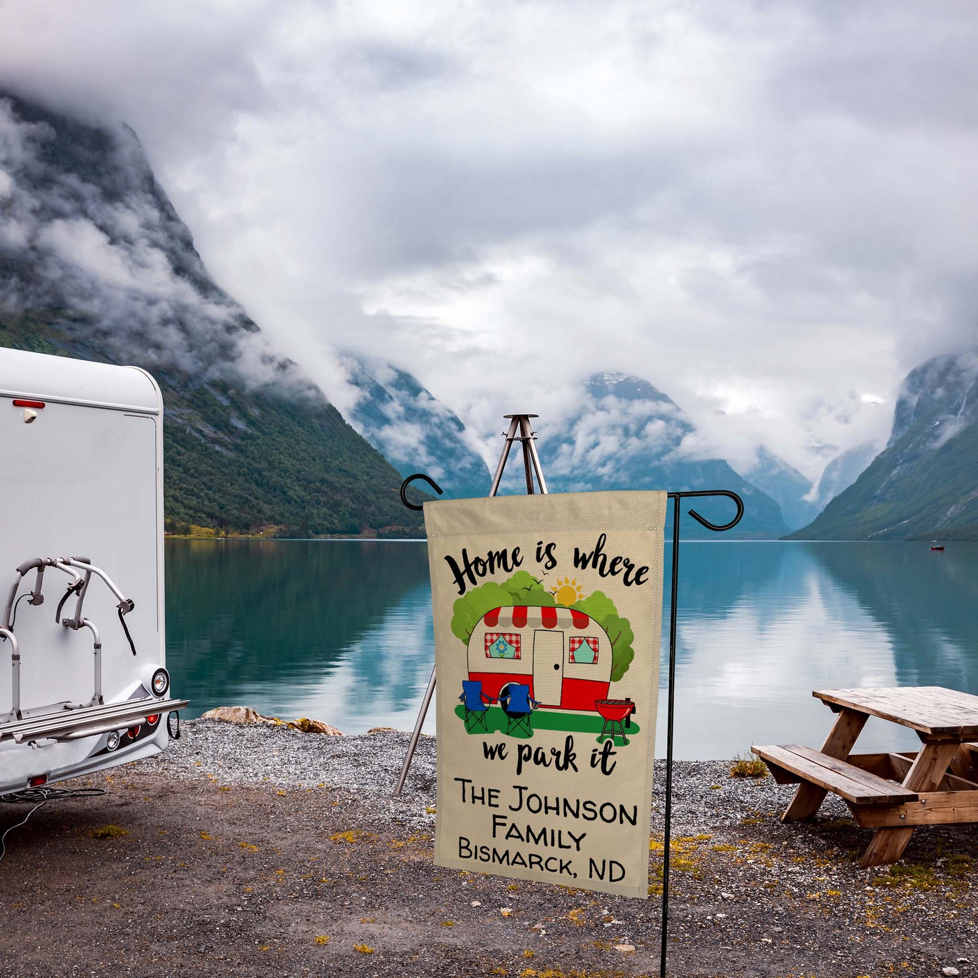 Home is Where We Park It Personalized Camping Flag with Vintage Camper