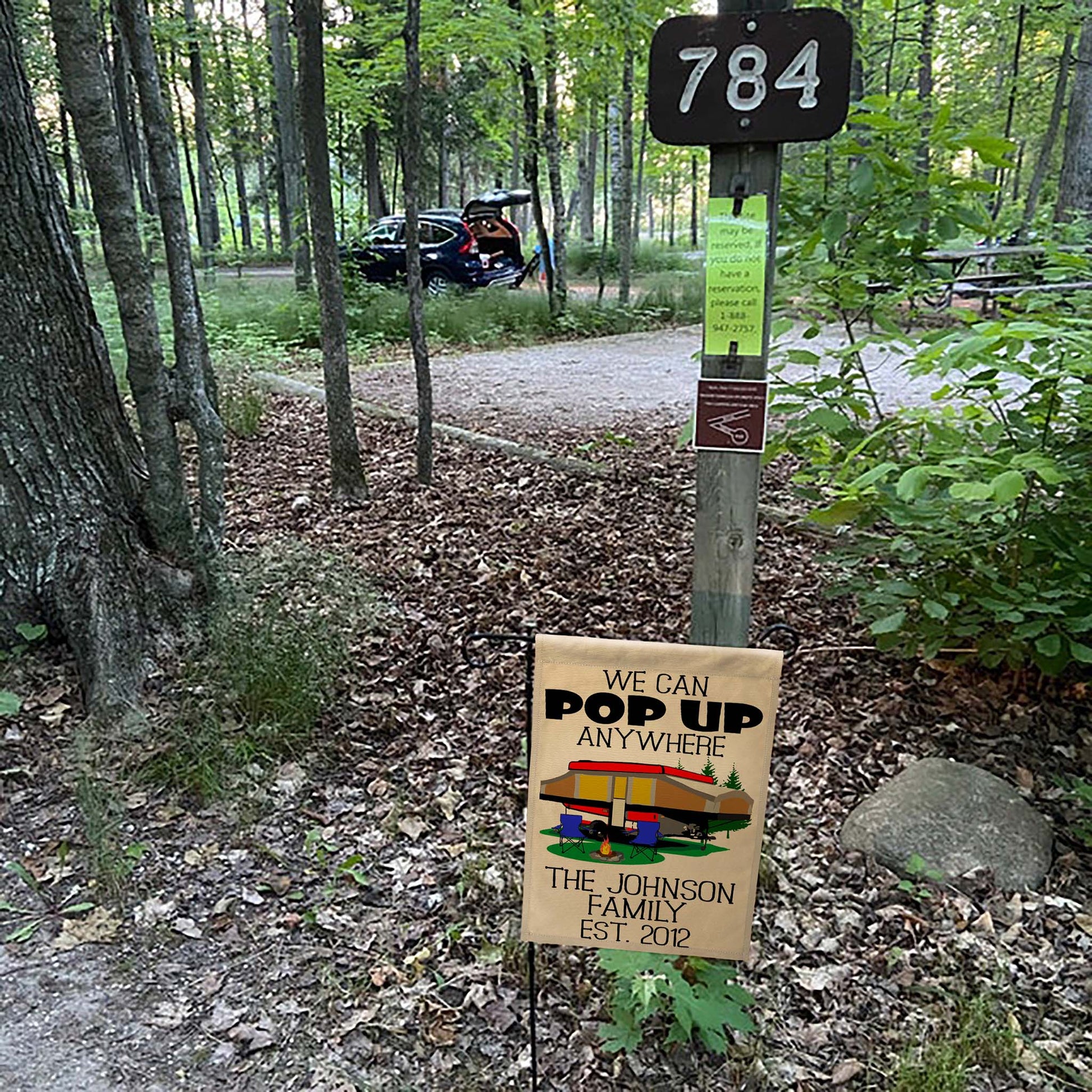 We Can Pop Up Anywhere Personalized Campsite Flag with Pop up Camper or A-Frame on Tan Fabric