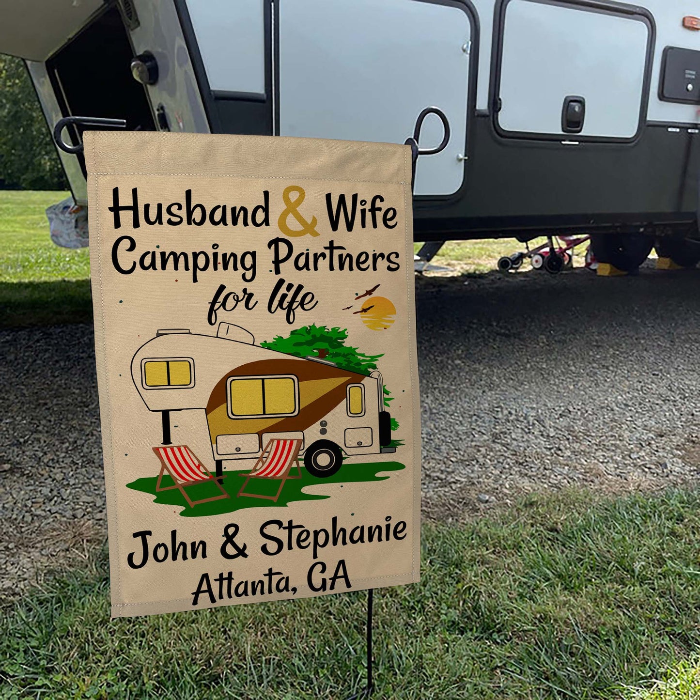Husband & Wife Camping Partners for Life Personalized Camping Flag with 5th Wheel