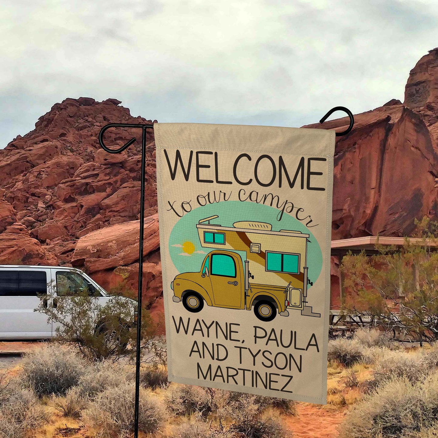 Welcome to Our Camper Personalized Campsite Flag with Truck and Camper, Tan Fabric