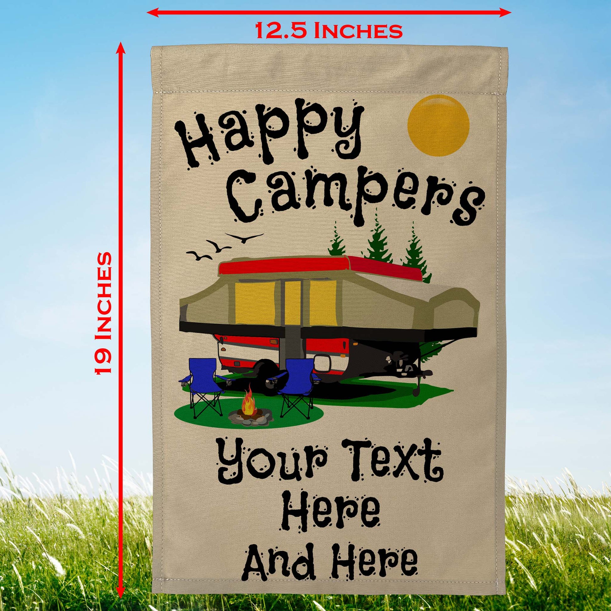 Happy Campers Personalized Camping Flag With Pop Up Camper on Tan Fabric