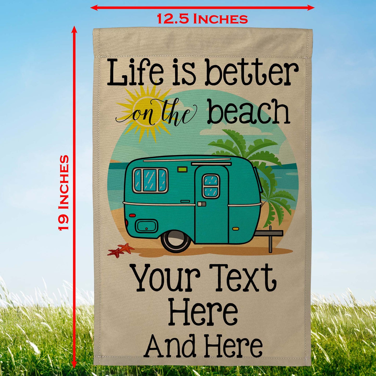 Life is Better on The Beach Personalized Camping Flag with Vintage Travel Trailer