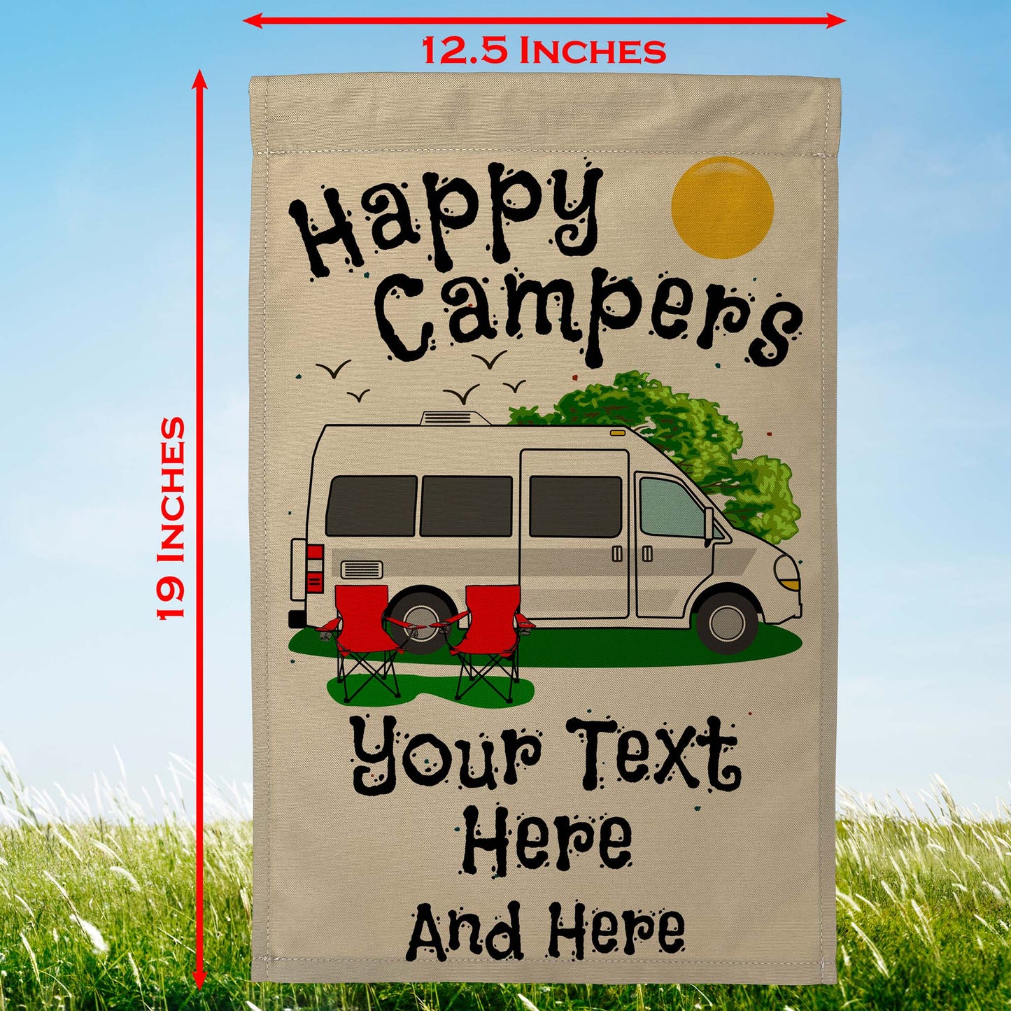 Happy Campers Personalized Camping Flag with Class B Camper Van Motorhome on Tan Fabric
