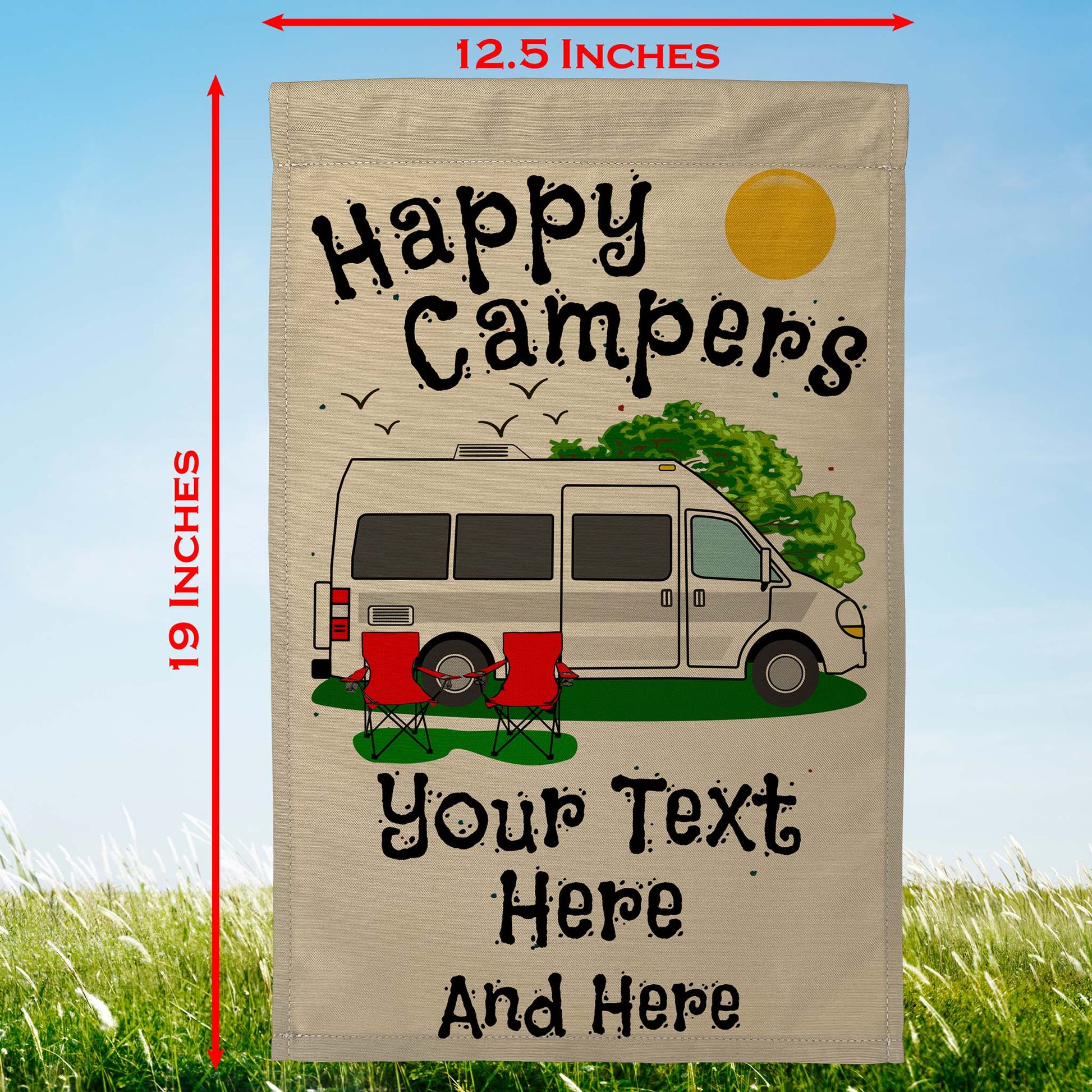 Happy Campers Personalized Camping Flag with Class B Camper Van Motorhome on Tan Fabric