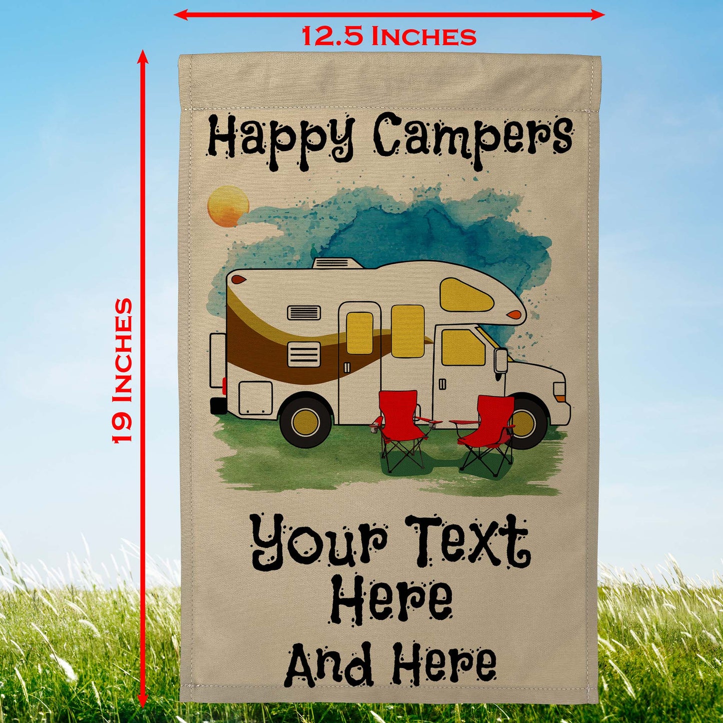 Happy Campers Personalized Water Color Camping Flag with Class C Motorhome