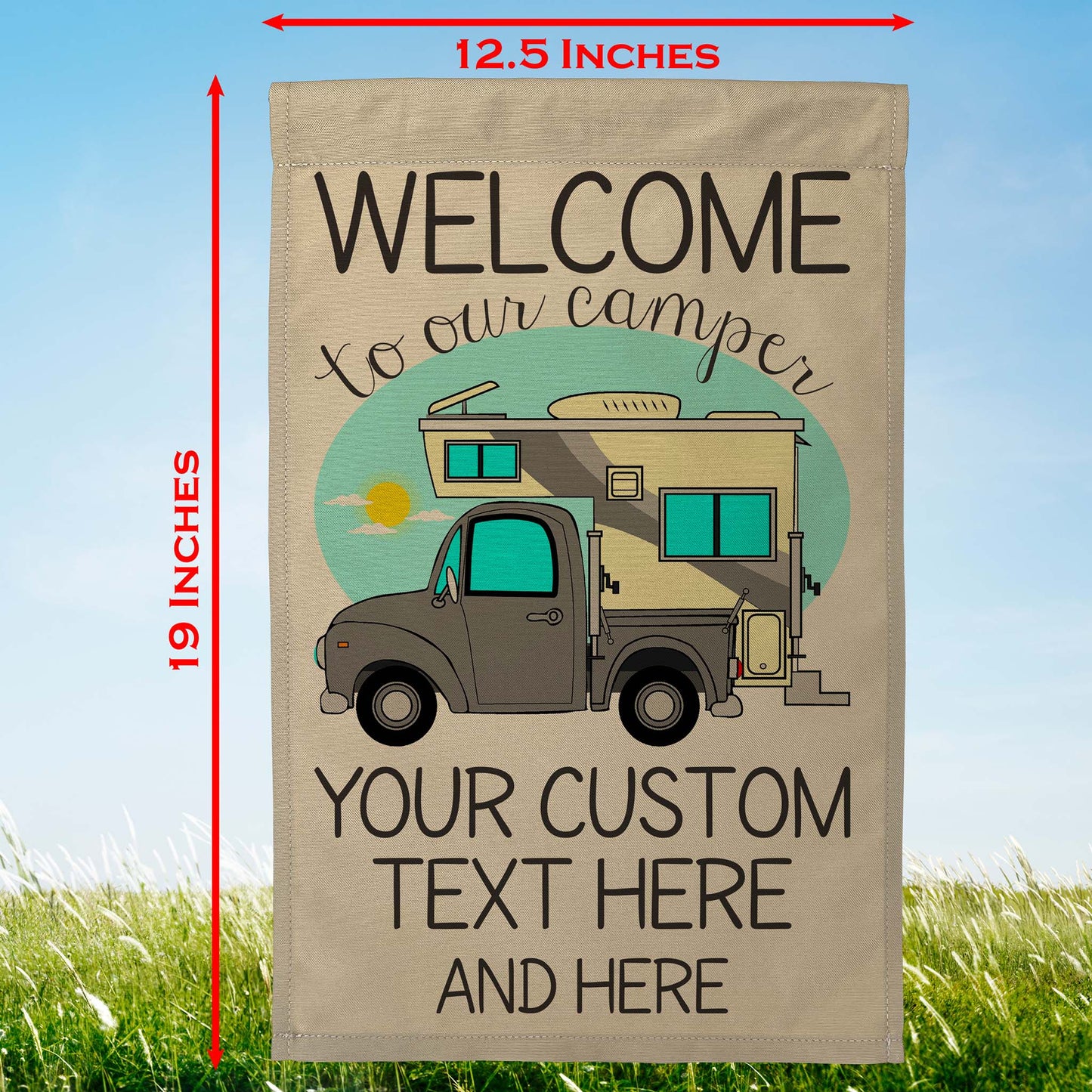 Welcome to Our Camper Personalized Campsite Flag with Truck and Camper, Tan Fabric