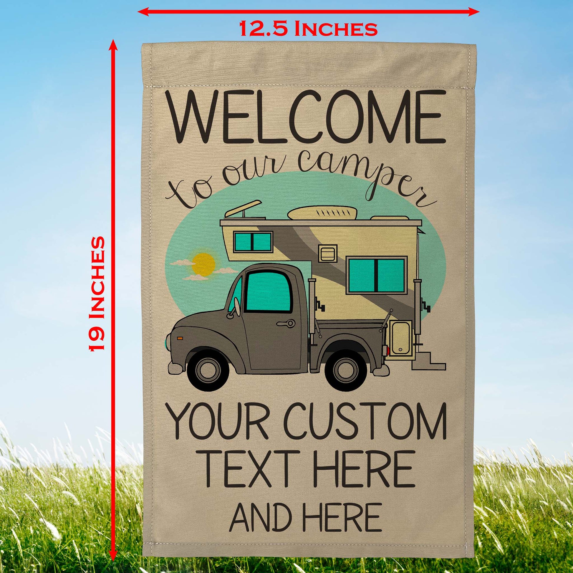 Welcome to Our Camper Personalized Campsite Flag with Truck and Camper, Tan Fabric