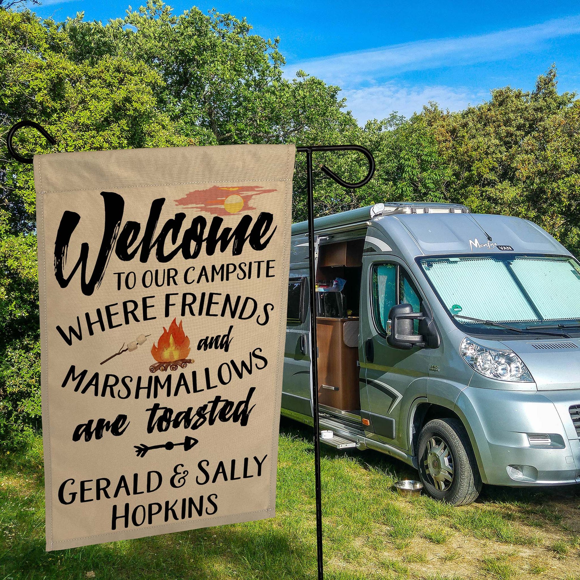 Welcome to Our Campsite where Friends and Marshmallows Get Toasted Personalized Camping Flag