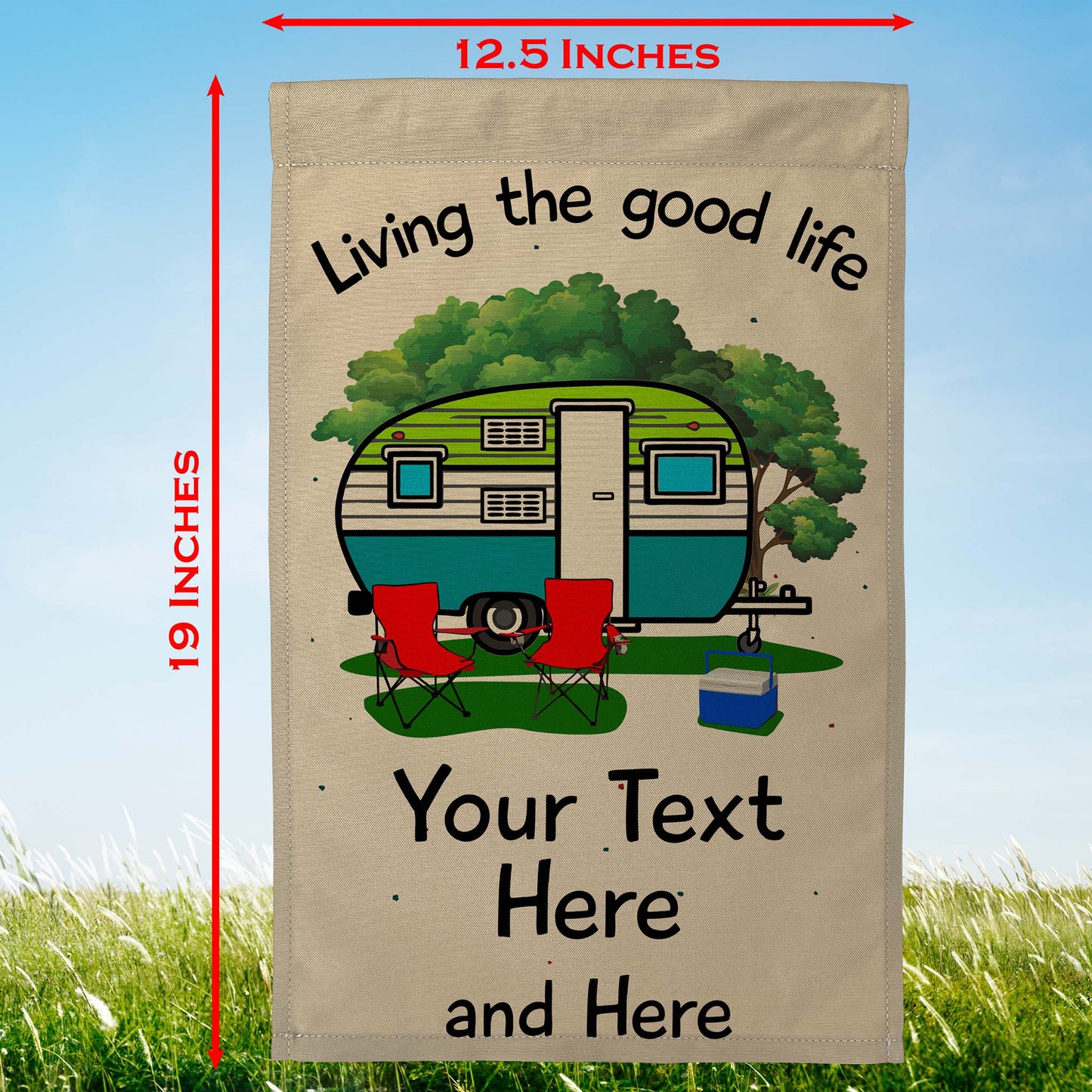 Living The Good Life Personalized Camping Flag with Retro Trailer