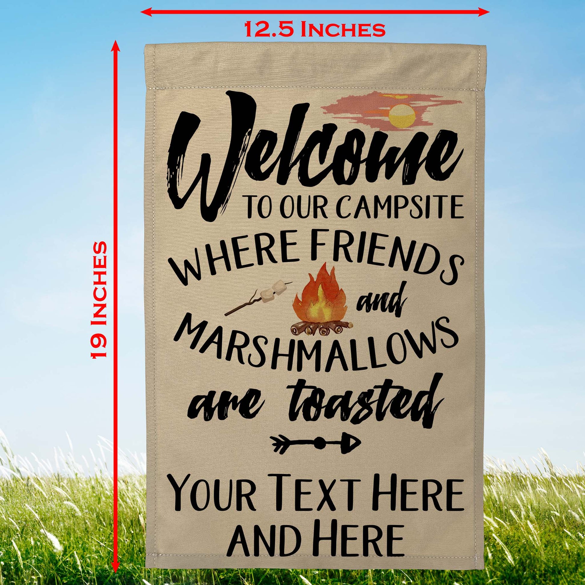 Welcome to Our Campsite where Friends and Marshmallows Get Toasted Personalized Camping Flag