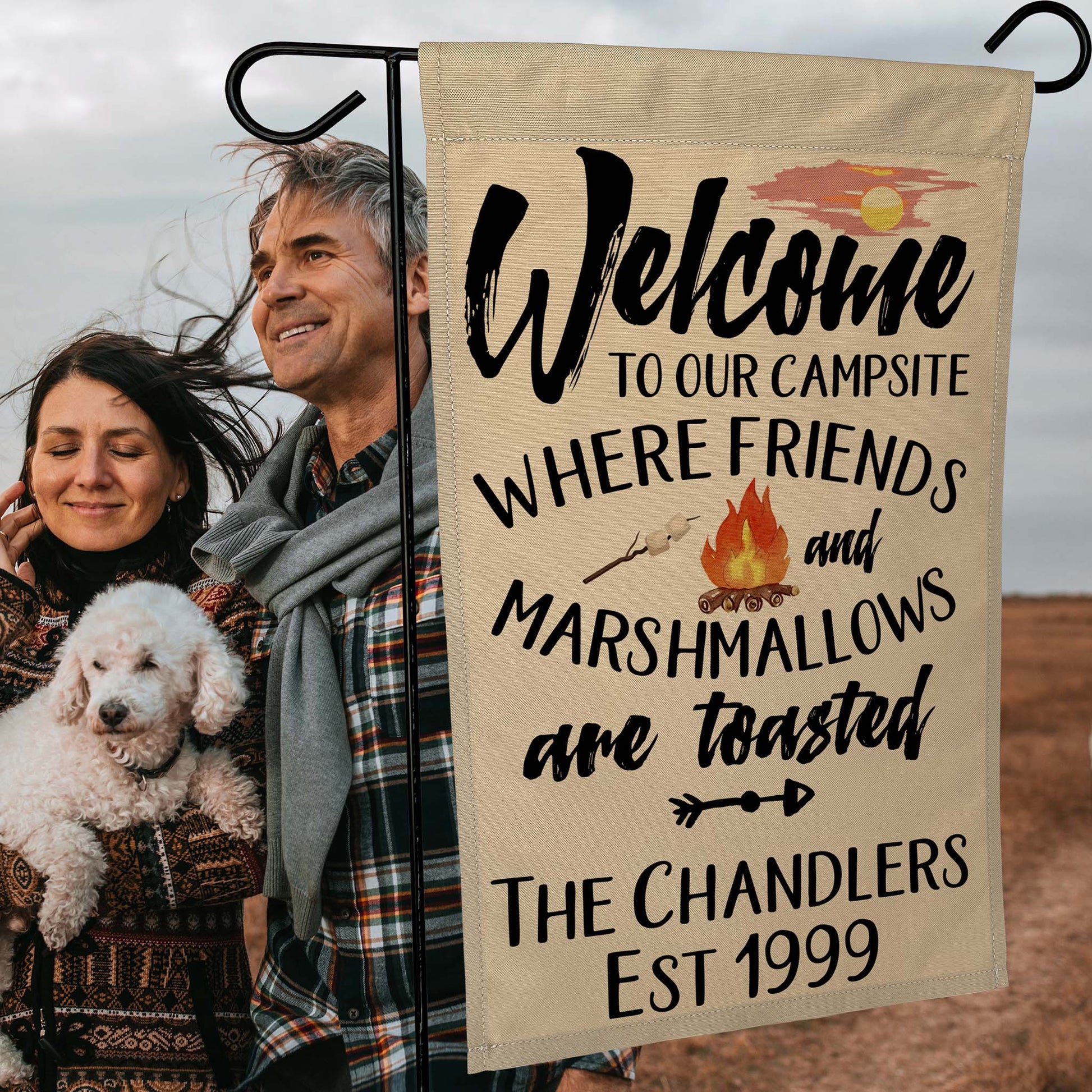 Welcome to Our Campsite where Friends and Marshmallows Get Toasted Personalized Camping Flag