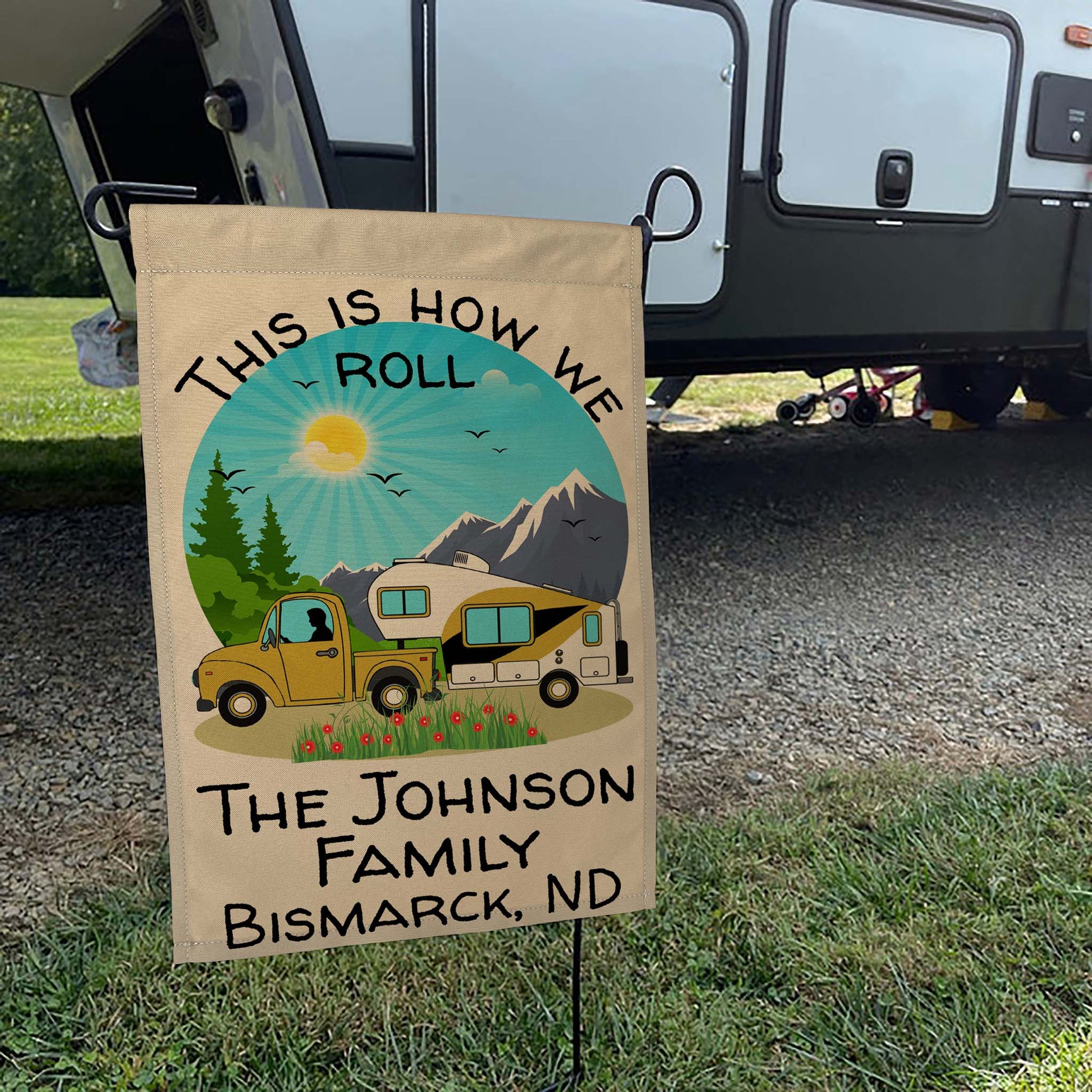This is How We Roll Personalized Truck and 5th Wheel Camping Flag on Tan Fabric