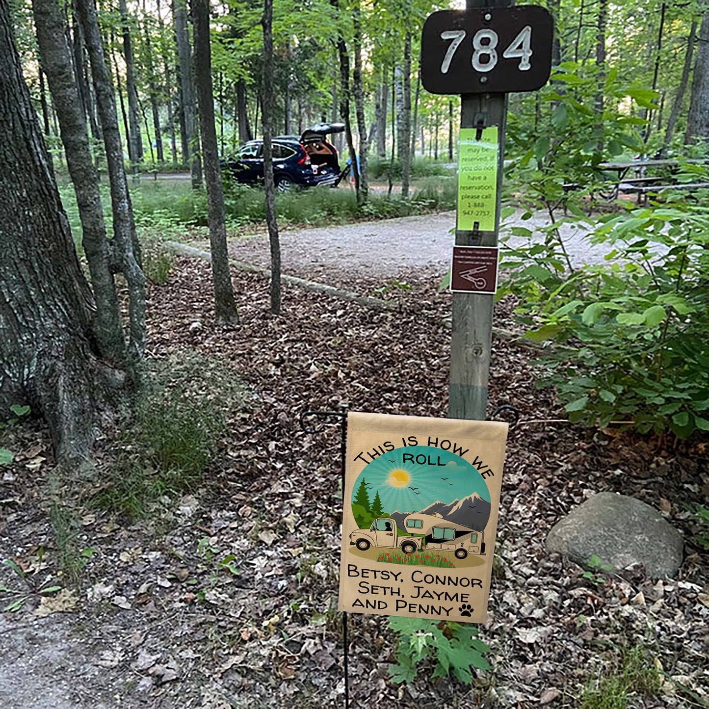 This is How We Roll Personalized Truck and 5th Wheel Camping Flag on Tan Fabric