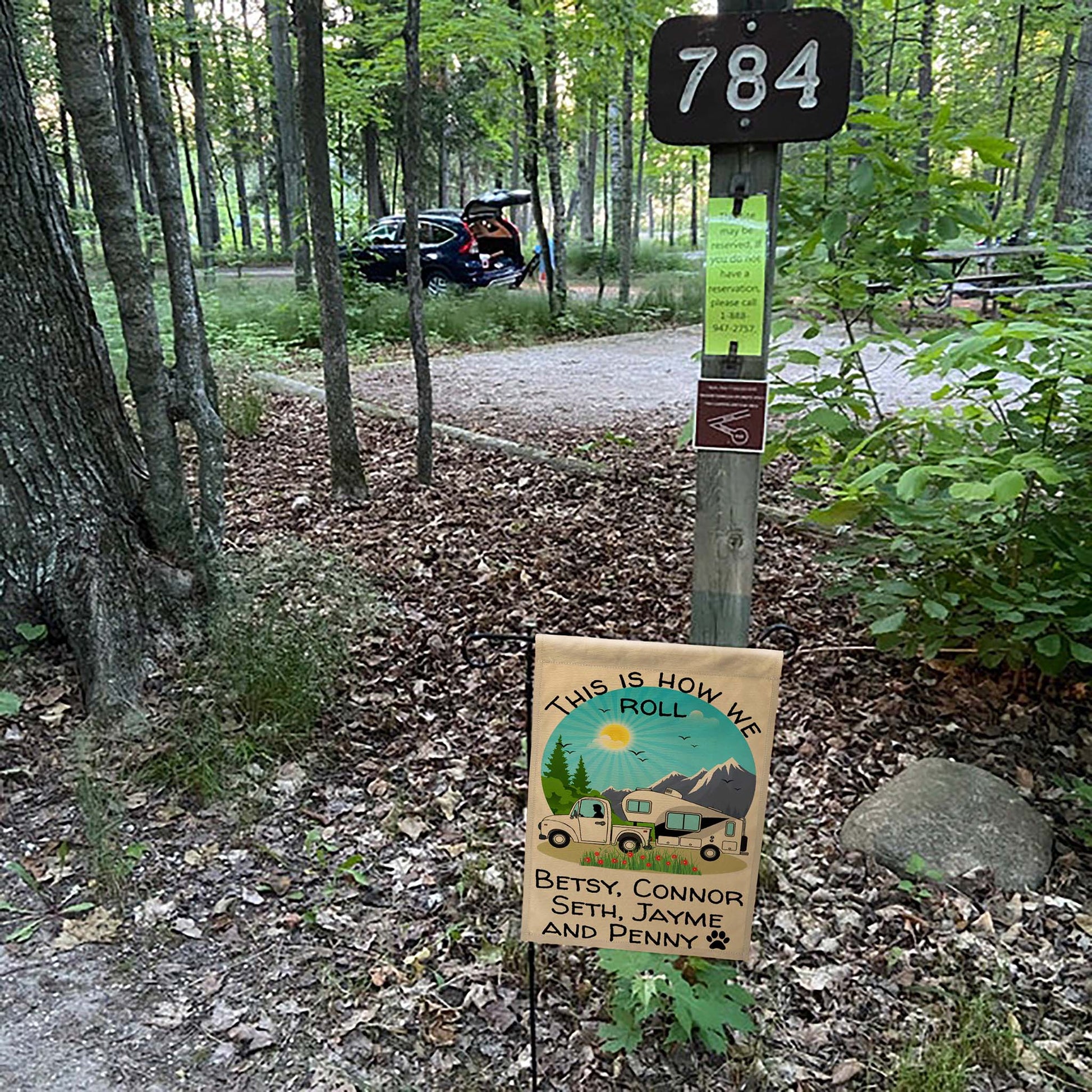 This is How We Roll Personalized Truck and 5th Wheel Camping Flag on Tan Fabric