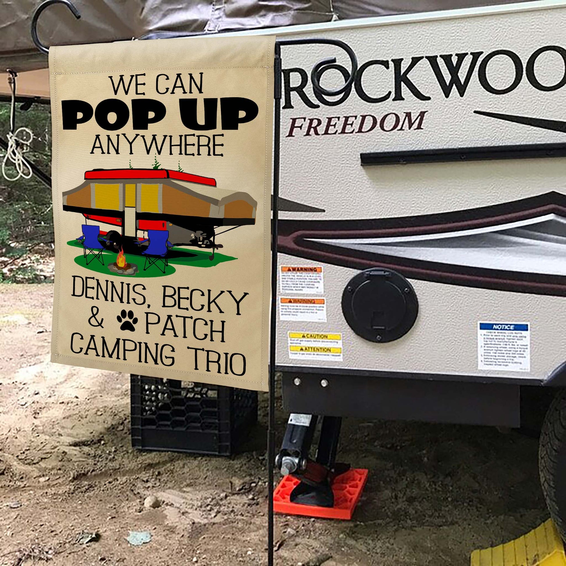 We Can Pop Up Anywhere Personalized Campsite Flag with Pop up Camper or A-Frame on Tan Fabric