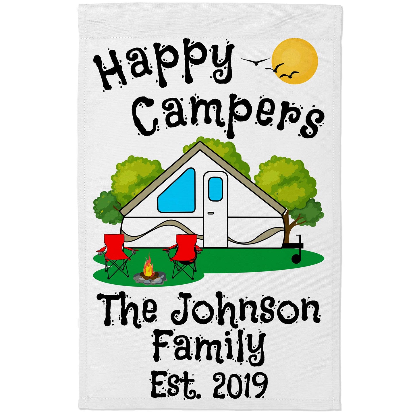 Happy Campers Personalized Camping Flag With Pop Up Camper on White Fabric